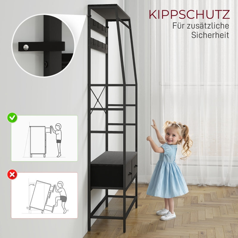 Coat Rack, Shoe Rack, 2 Fabric Drawers, 8 Hooks, Black