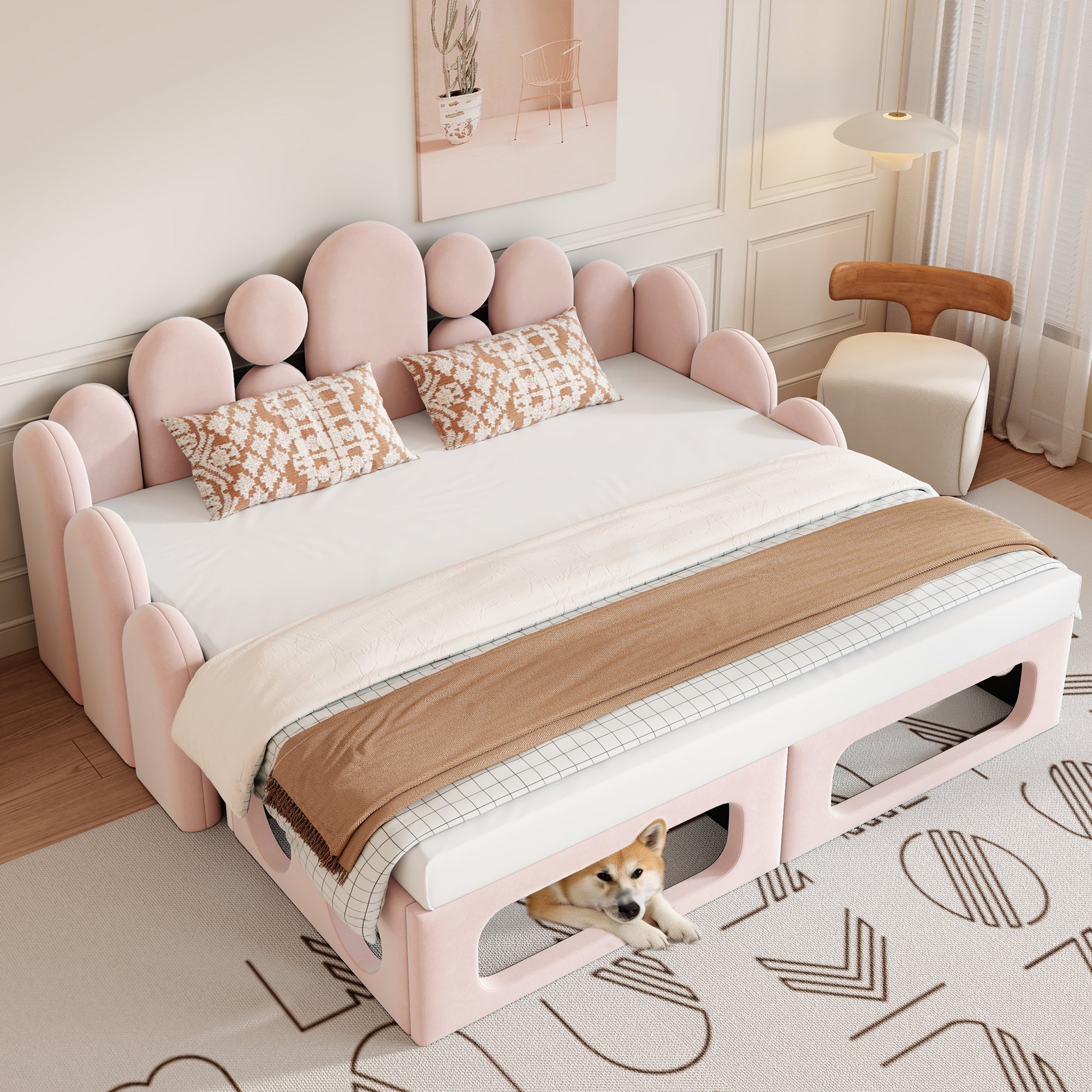 Upholstered Sofa Bed with Pet Bed and Backrest, 180x200cm, Pink Velvet