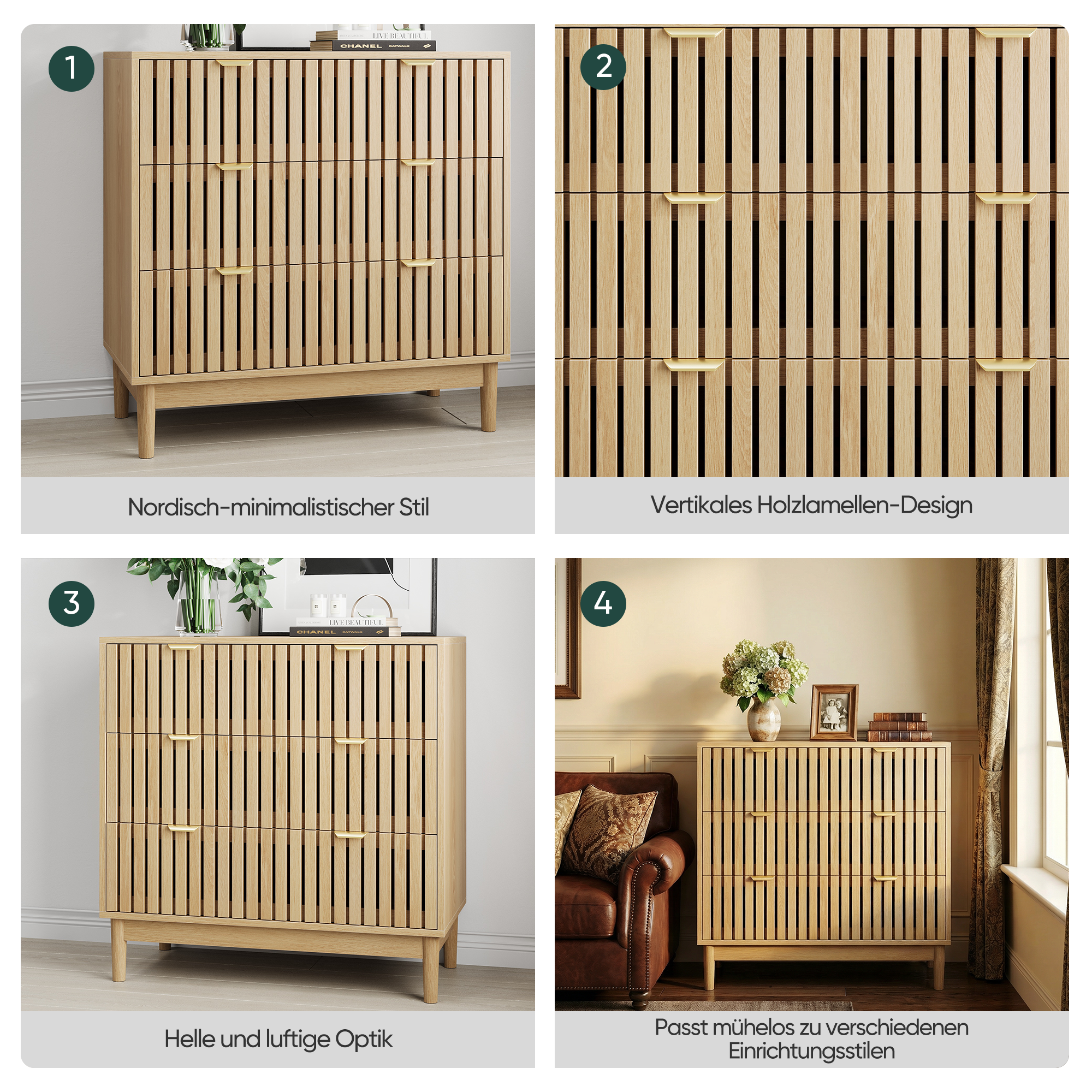 Modern Chest of Drawers, 3 Drawer Medieval Country Style Storage Cabinet for Bedroom and Living Room, Oak Wood