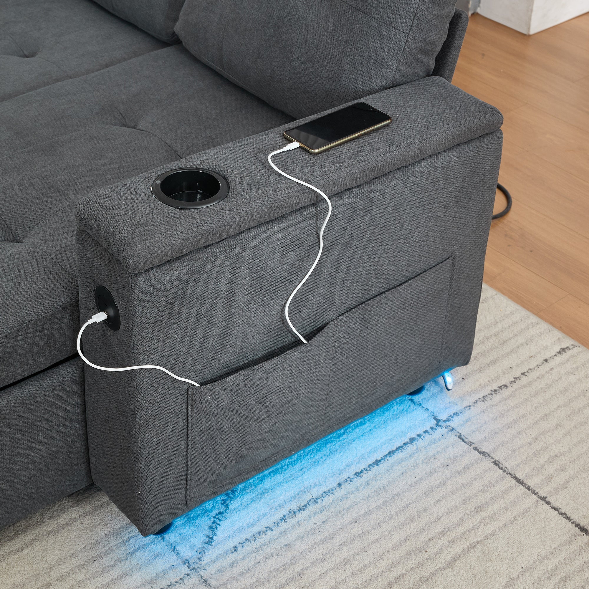 Treviso L-Shaped Sofa Bed with LED Lighting and Storage, Grey