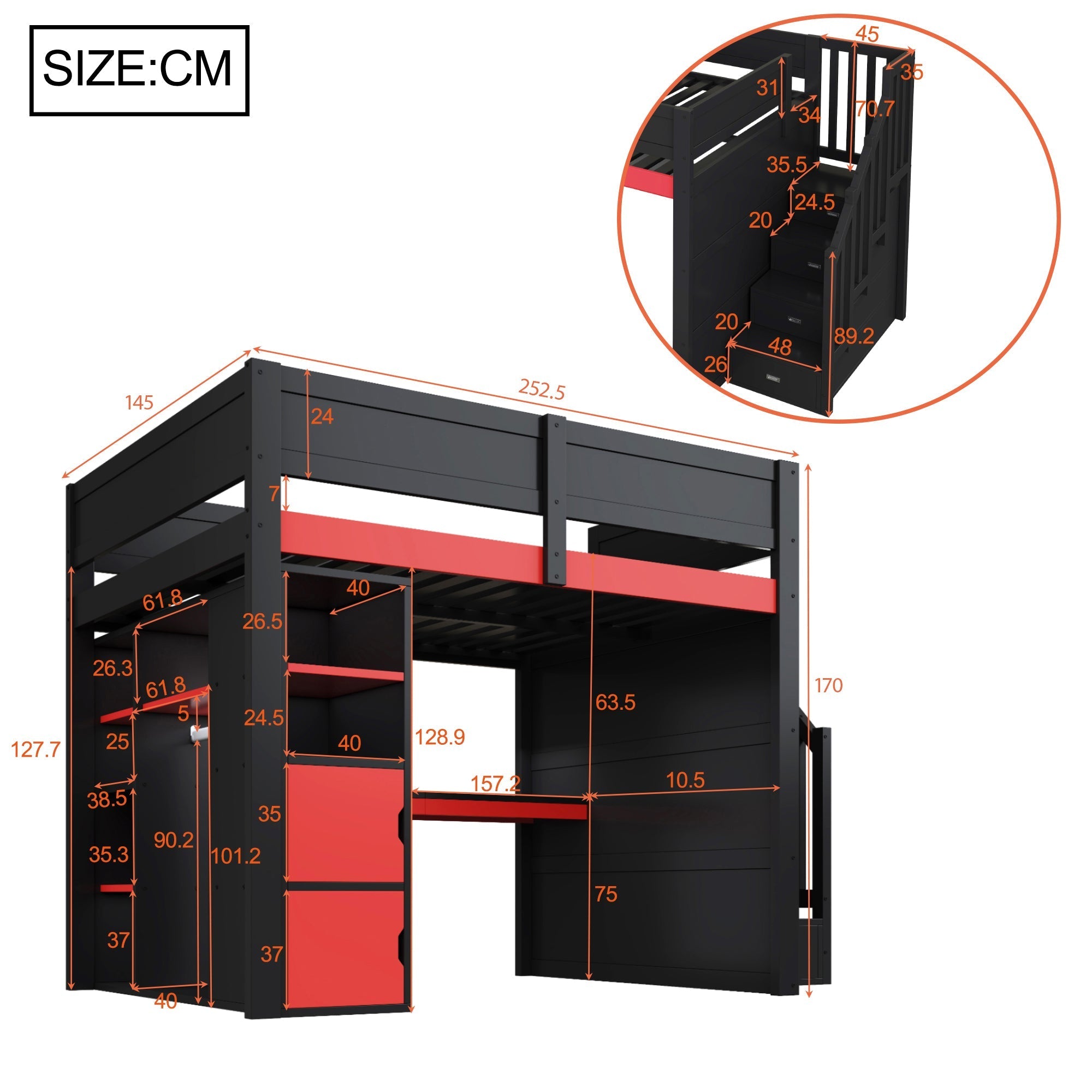 Gaming Wooden Loft Bed with Desk, Multi-Tier Storage, LED Lighting, USB Port and Staircase, Black and Red