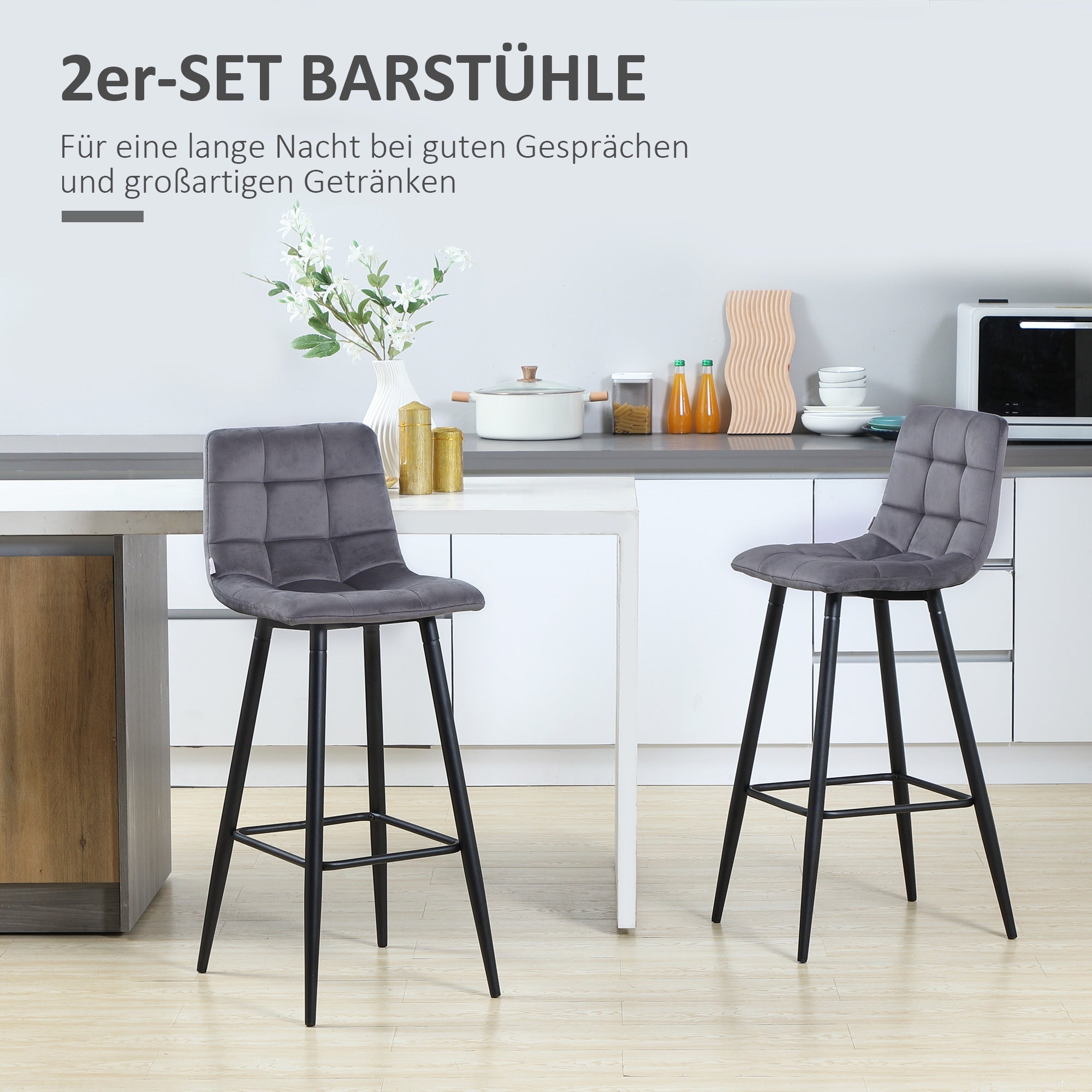 Bar Stools Set of 2 Modern Design Velvet Upholstery Steel Legs, Grey