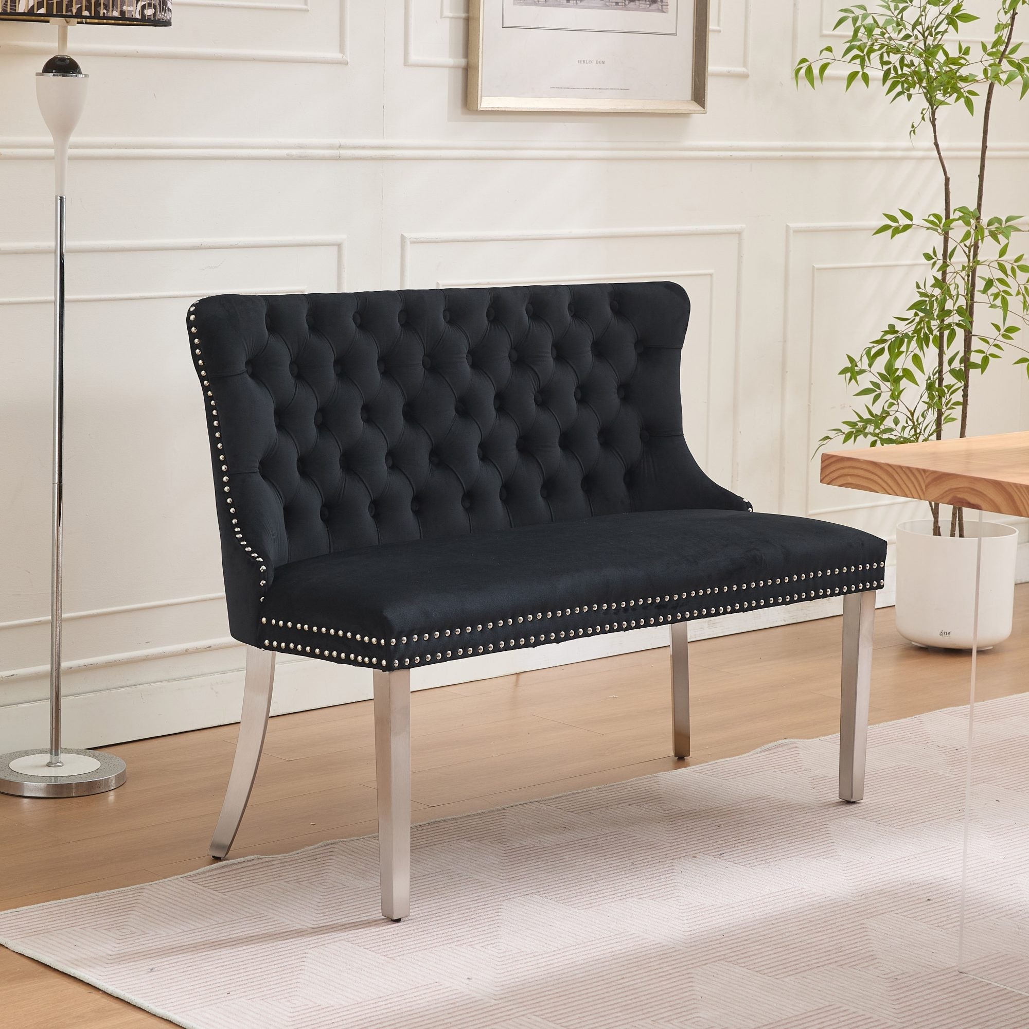 Velvet Double Dining Loveseat Bench, 2-Seat Tufted Wing Back with Brushed Silver Legs, Black Velvet