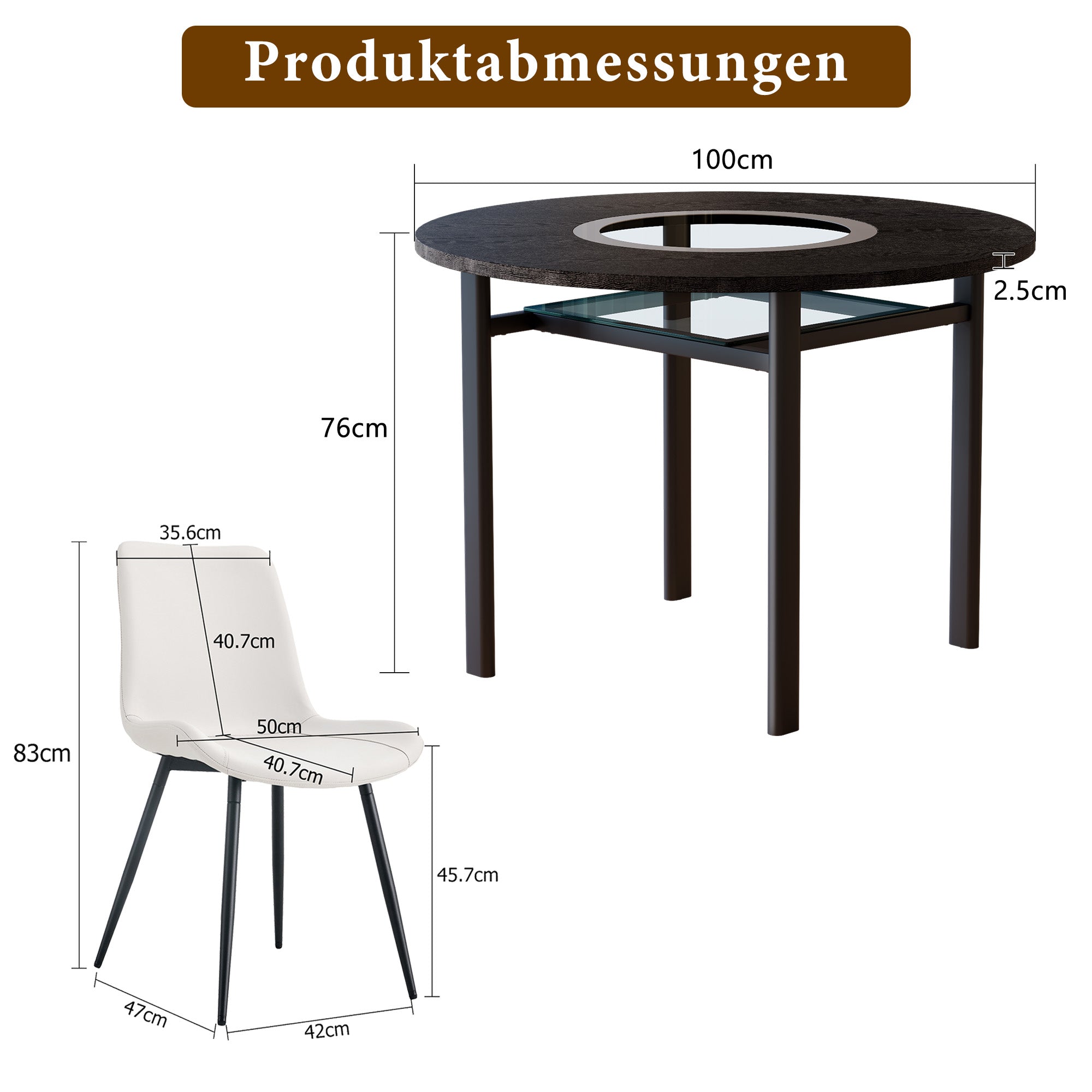Round Dining Table Set Minimalist 100cm with 4 PU Chairs - Black Wood Look/White