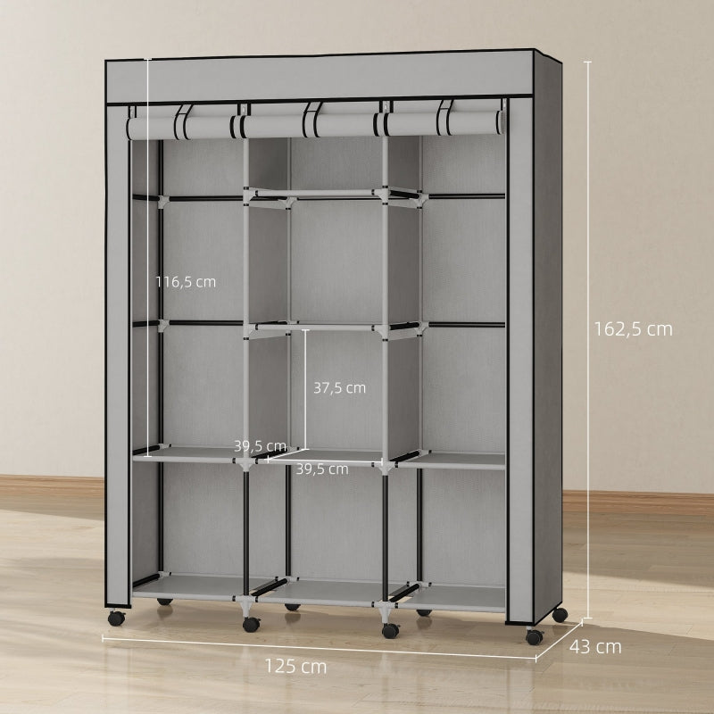 Fabric Wardrobe 8 Shelves 2 Clothes Rails - Grey