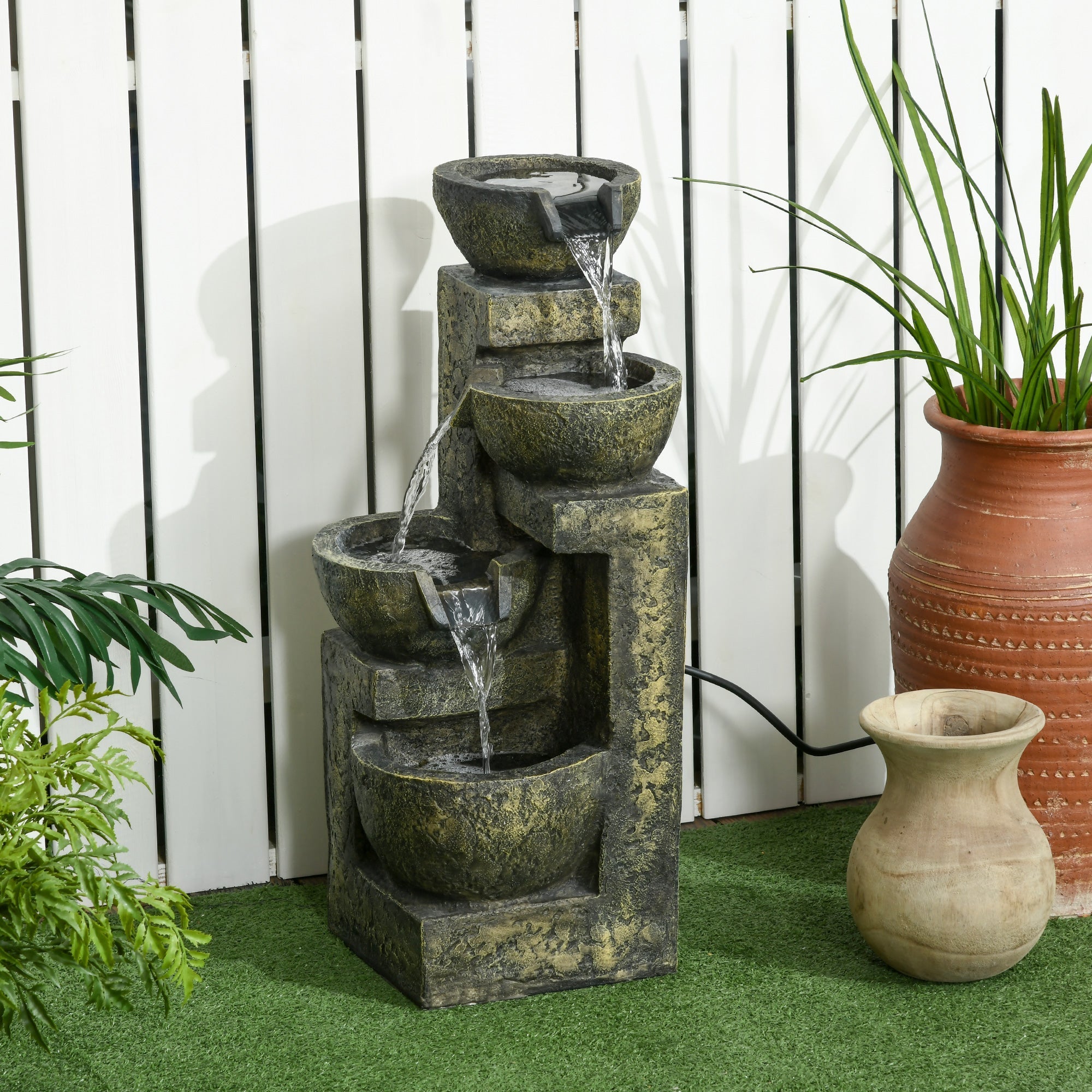 Garden Fountain with 4 Adjustable Flow Levels, Water Feature Waterfall, Synthetic Resin