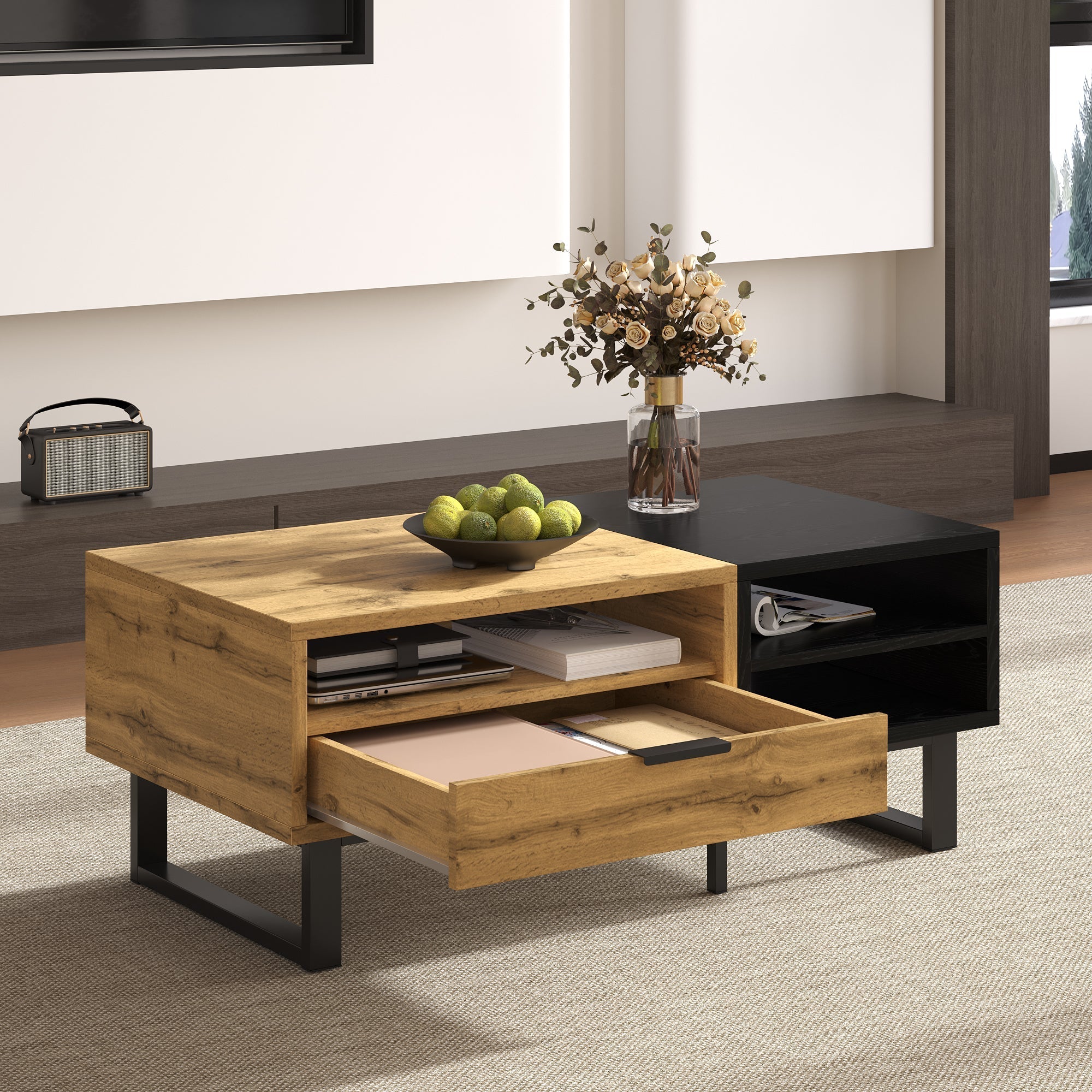 Coffee Table with Color Block, Compartments, Drawers, Metal Legs