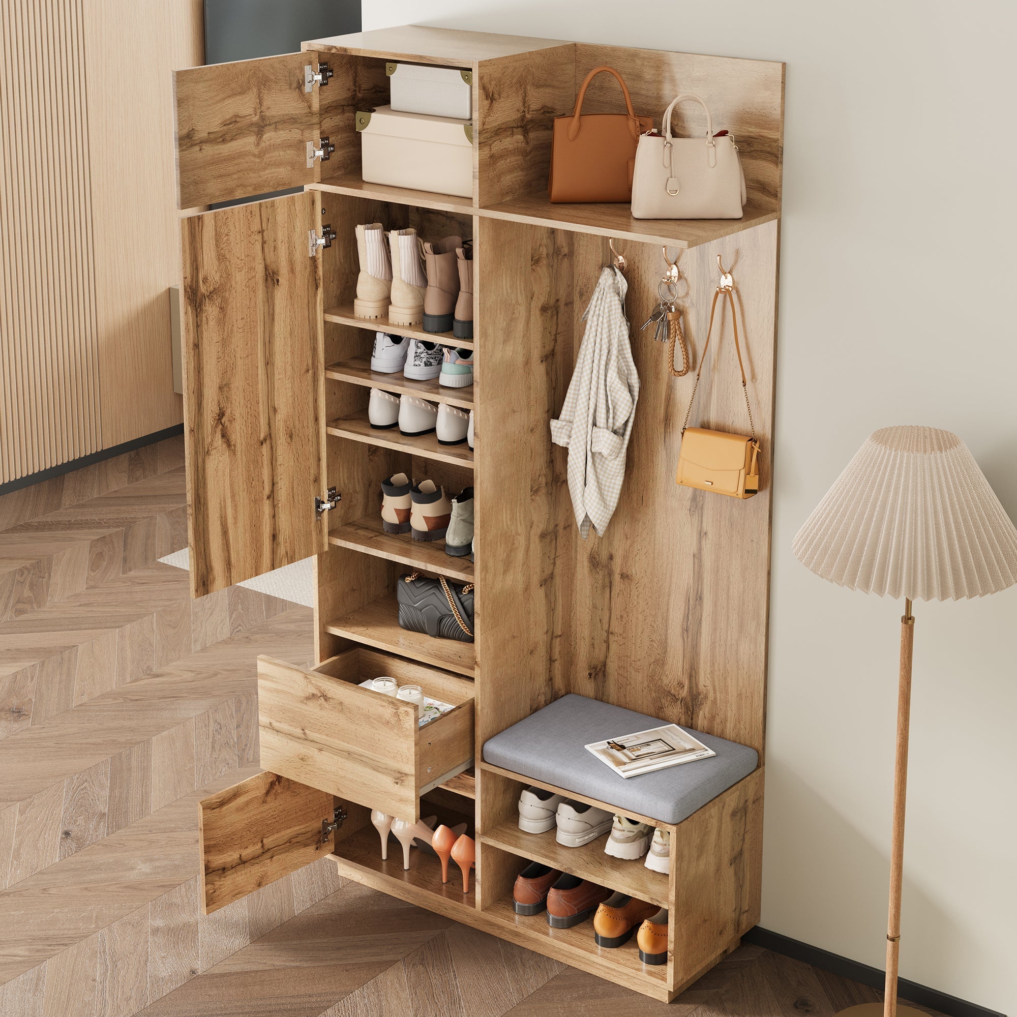 Compact Wardrobe with Mirror, Bench, Shoe Cabinet & Hooks, Natural MDF