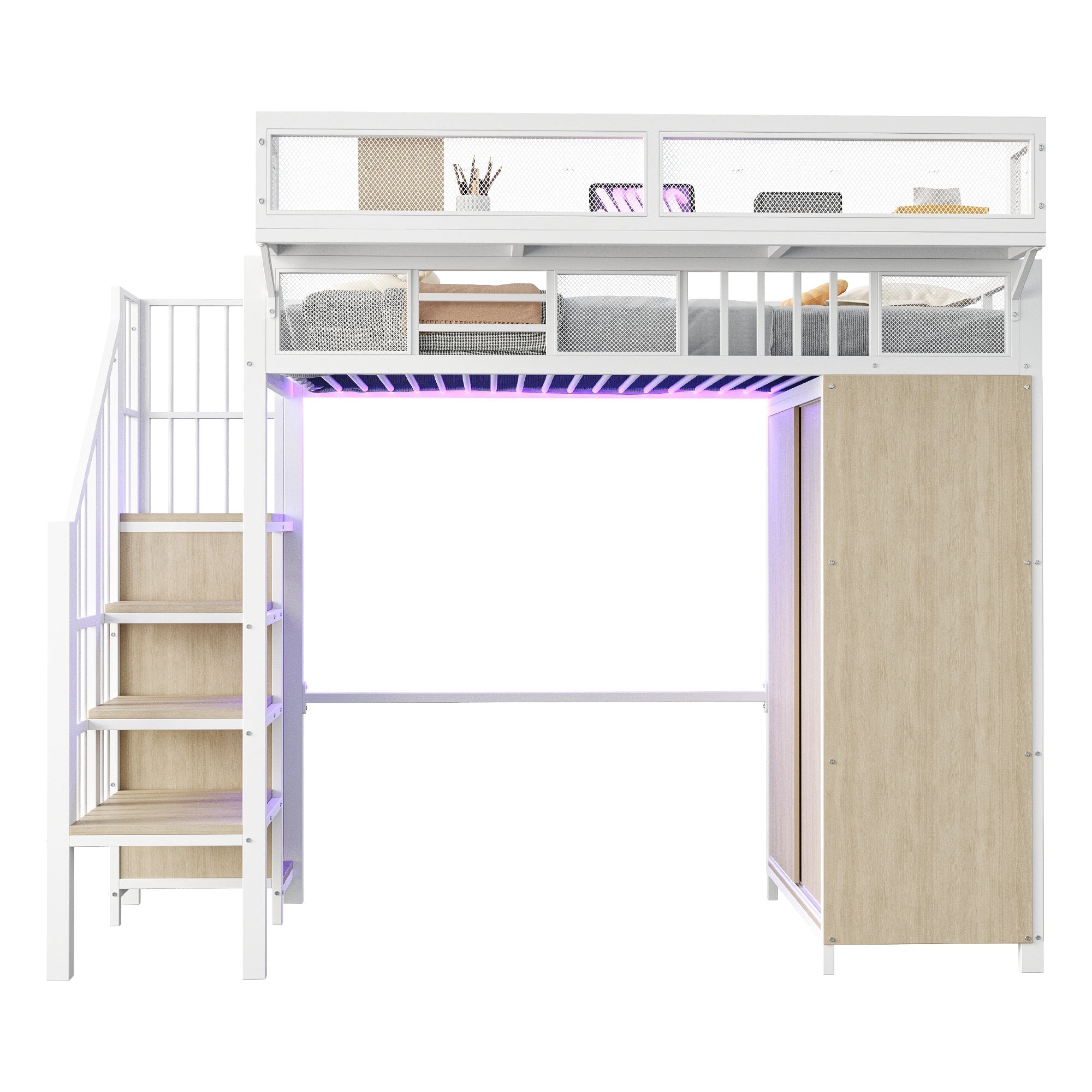 Metal Loft Bed with Wardrobe, Safety Ladder and LED Lighting, White