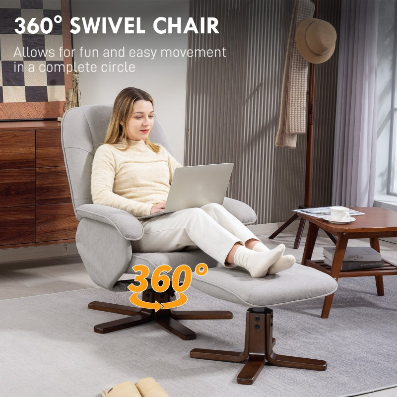 Linen Swivel Recliner Chair with Footstool, Wooden Base, Light Grey