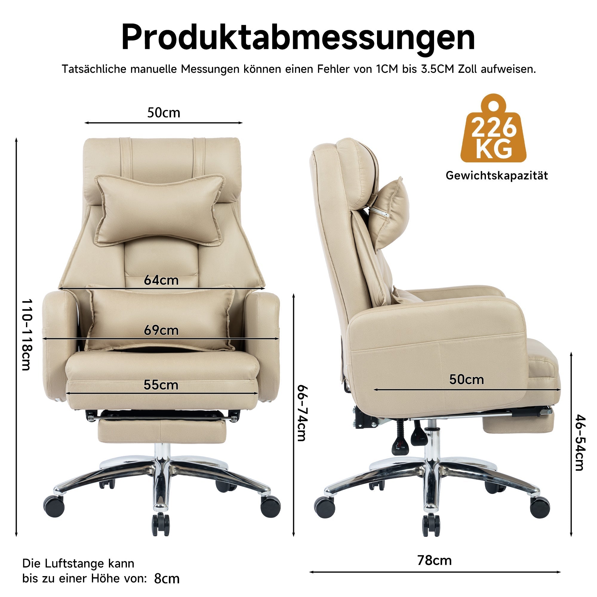 Swivel Office Chair Ergonomic High Back Lumbar Support Headrest 155° Reclining Technology Leather Beige