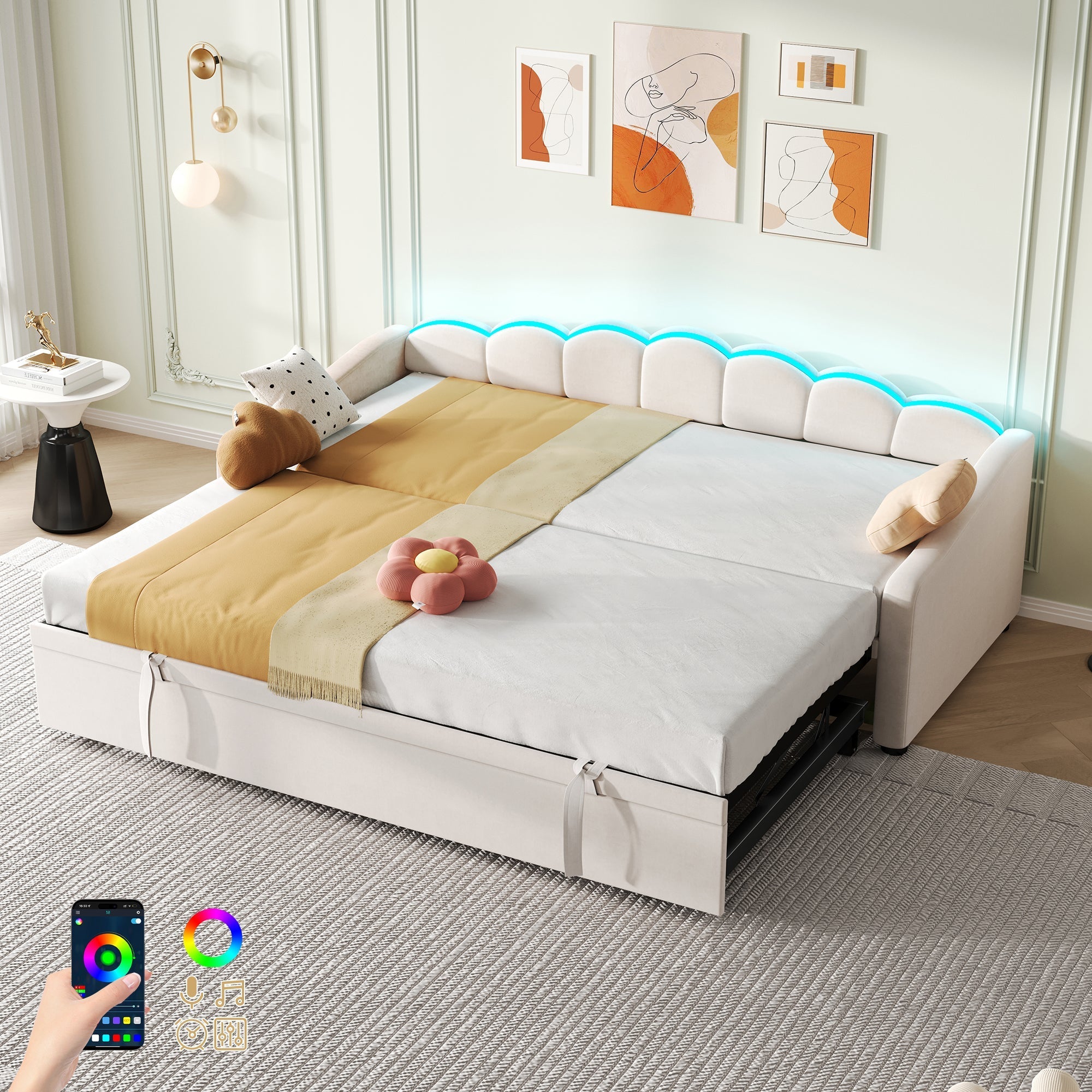 Upholstered Daybed Sofa Bed 90x190cm with RGB LED, 3ft Petal Shape Single Bed with Trundle, Velvet Beige