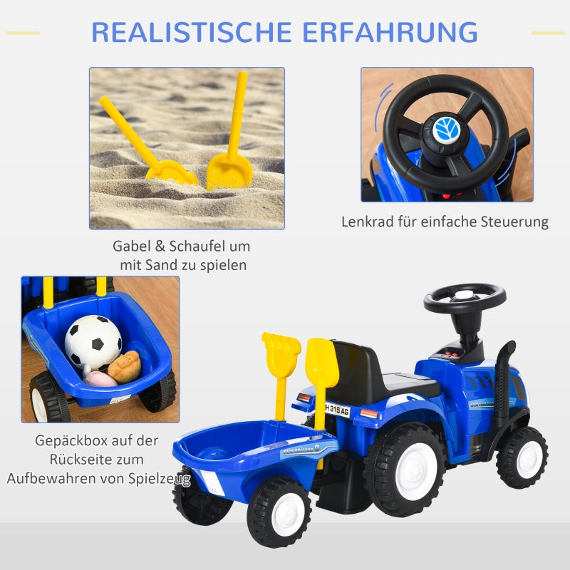Ride-on Tractor with Trailer, Horn and Sand Toy, Blue Plastic and Metal
