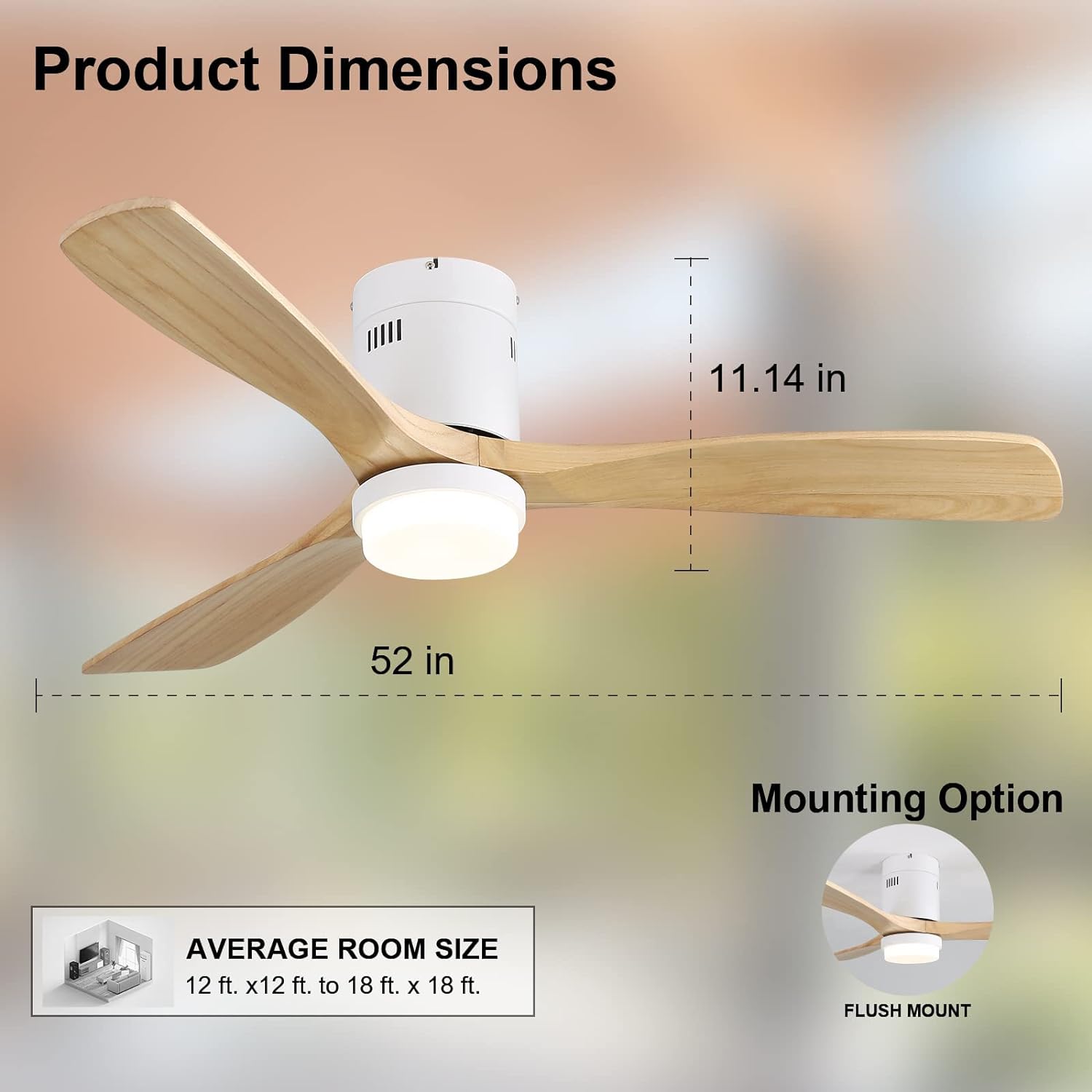 52-inch Ceiling Fan with Remote, 6 Speed, 18W LED Light, Solid Wood