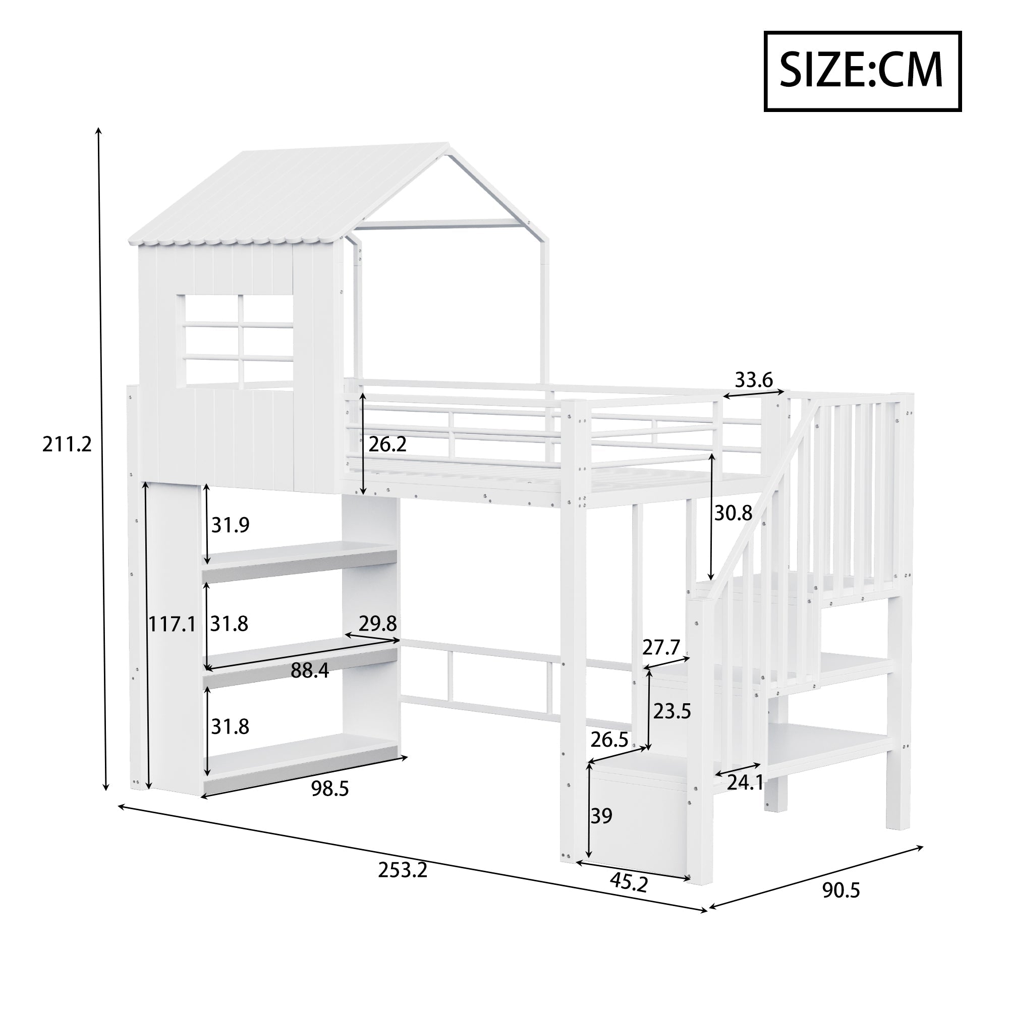 Iron Loft Bed with House Design, Storage Shelf and Safety Stairs, 90x200cm, White
