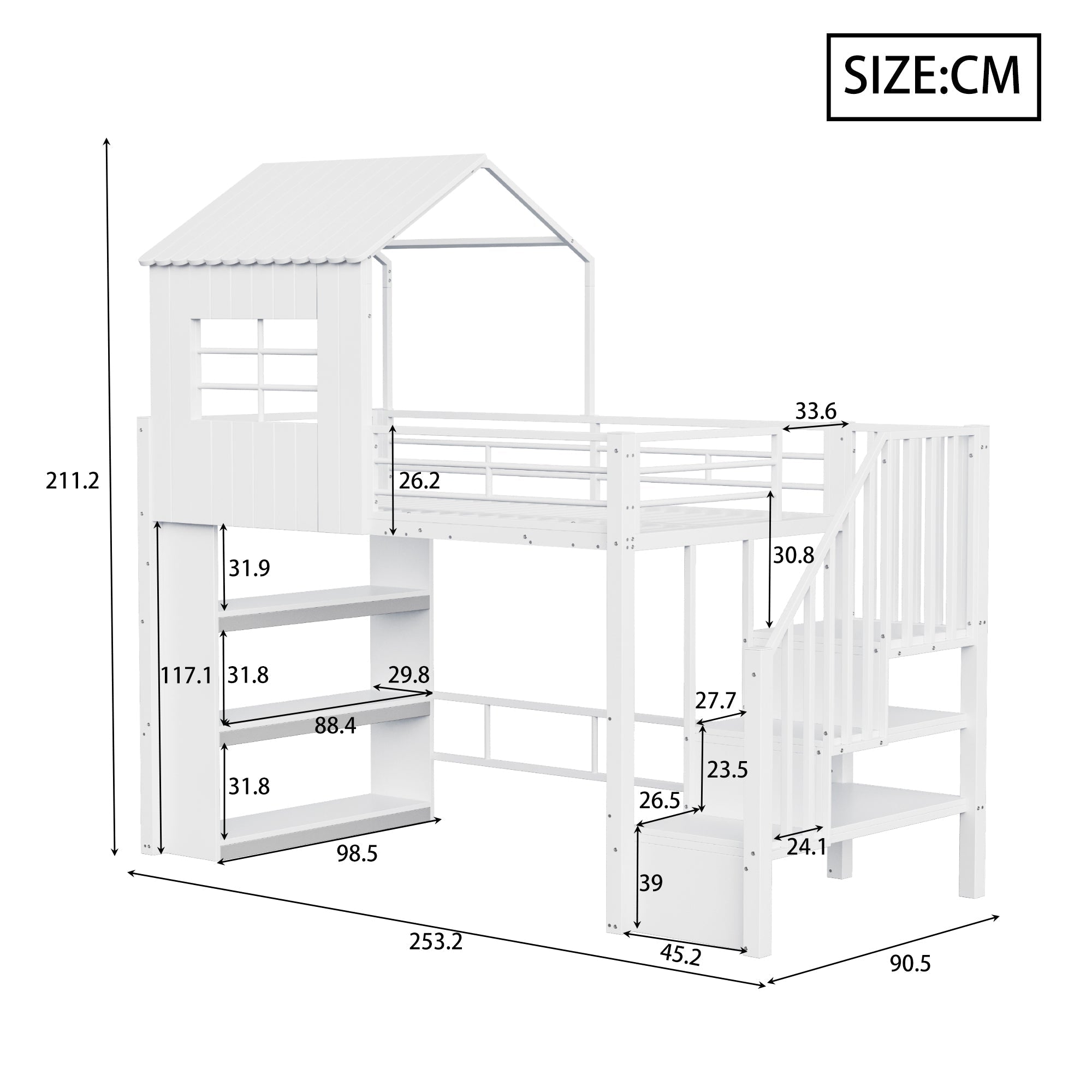 Iron Loft Bed with House Design, Storage Shelf and Safety Stairs, 90x200cm, White