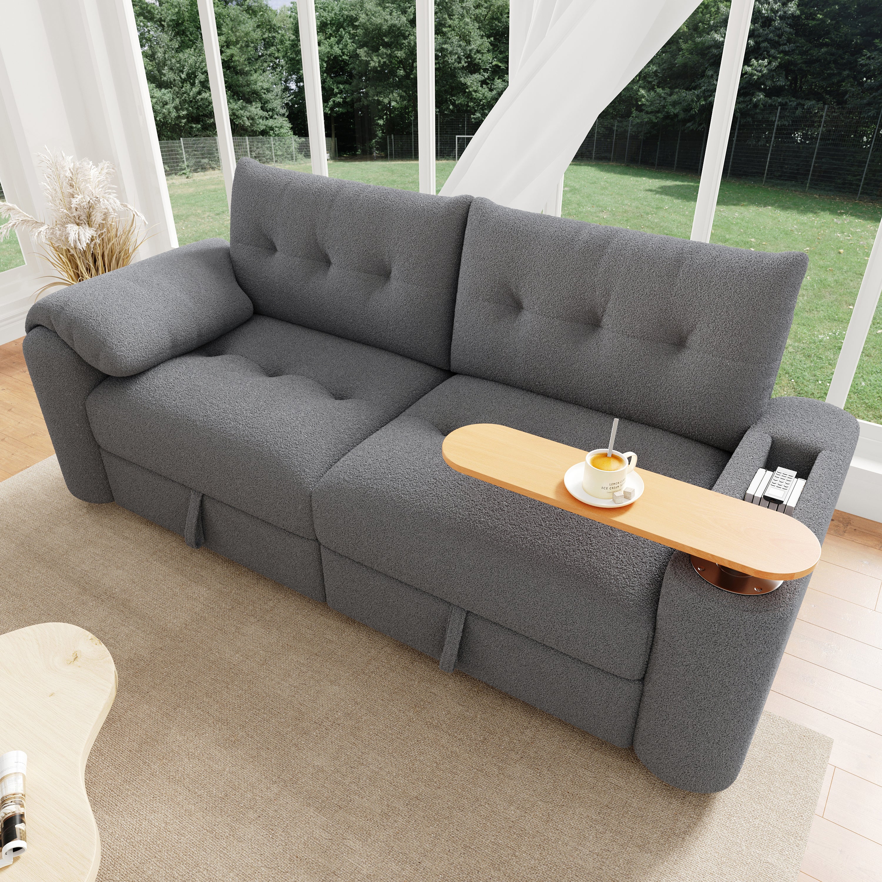 Teddy Plush Sofa, 3-Seater Modular Sofa Bed with Storage and Side Table, Gray