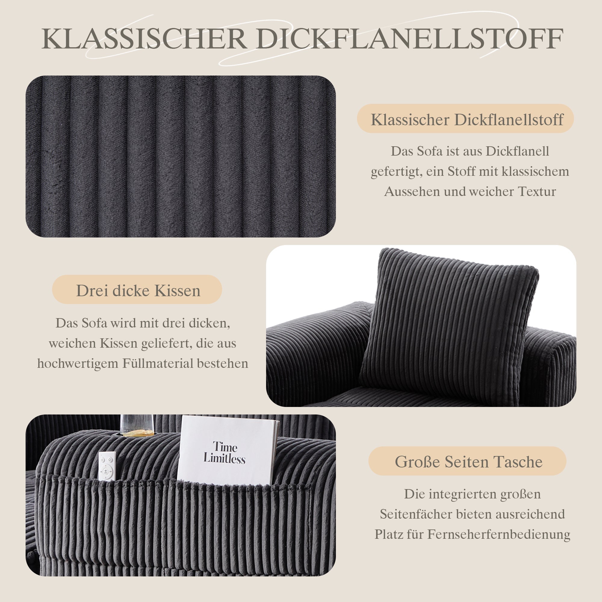 Compact Sofa Modular Side Pocket Cup Holder 3 Cushions - Corduroy Dark Gray