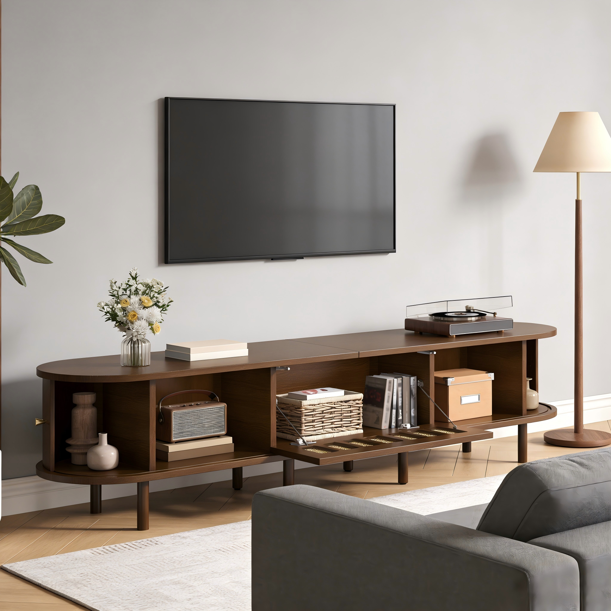 Oval TV Stand with Roll-Up Doors and Rattan Design, Dark Walnut MDF