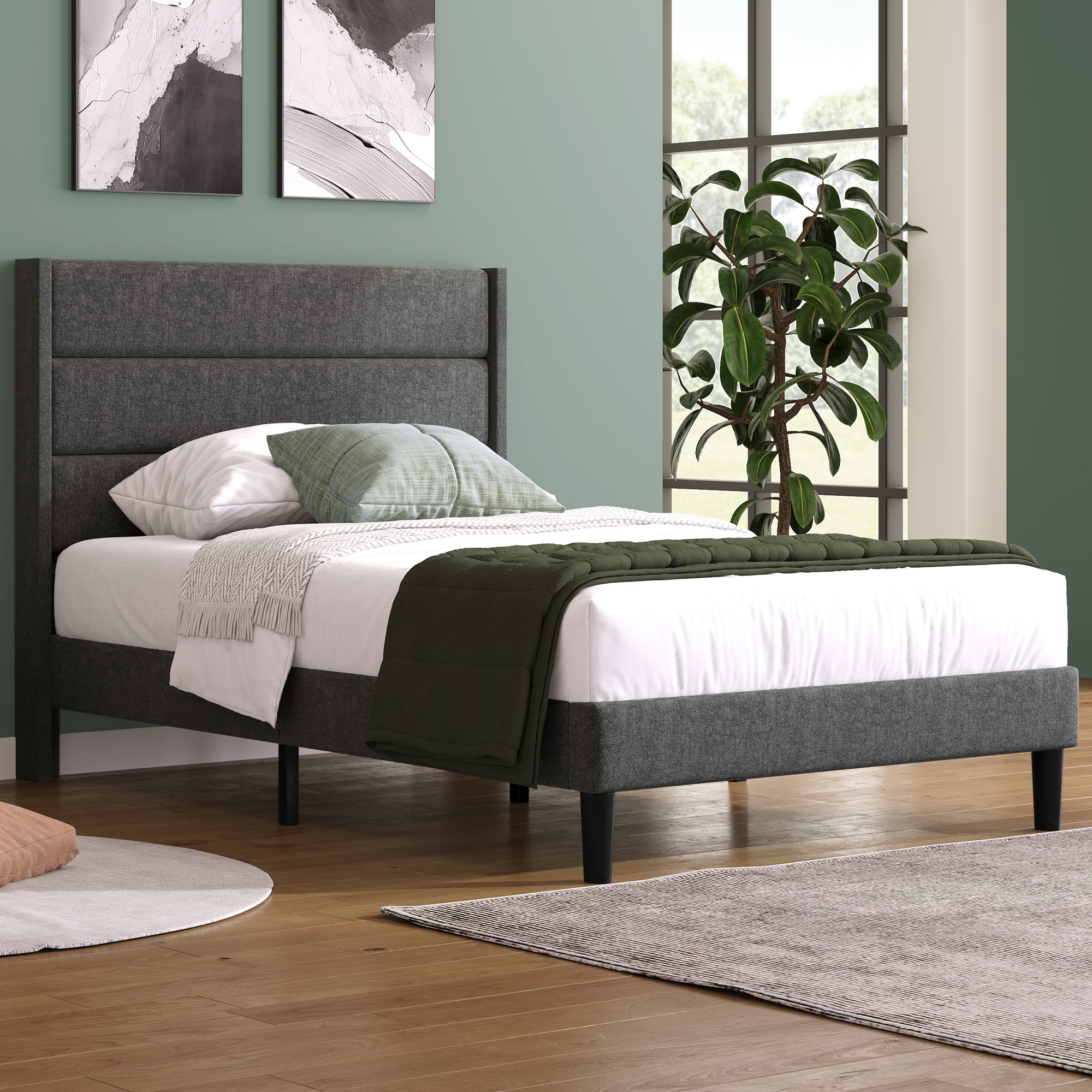 Upholstered Bed, 90x200cm with Slatted Frame & Headboard, Grey Linen