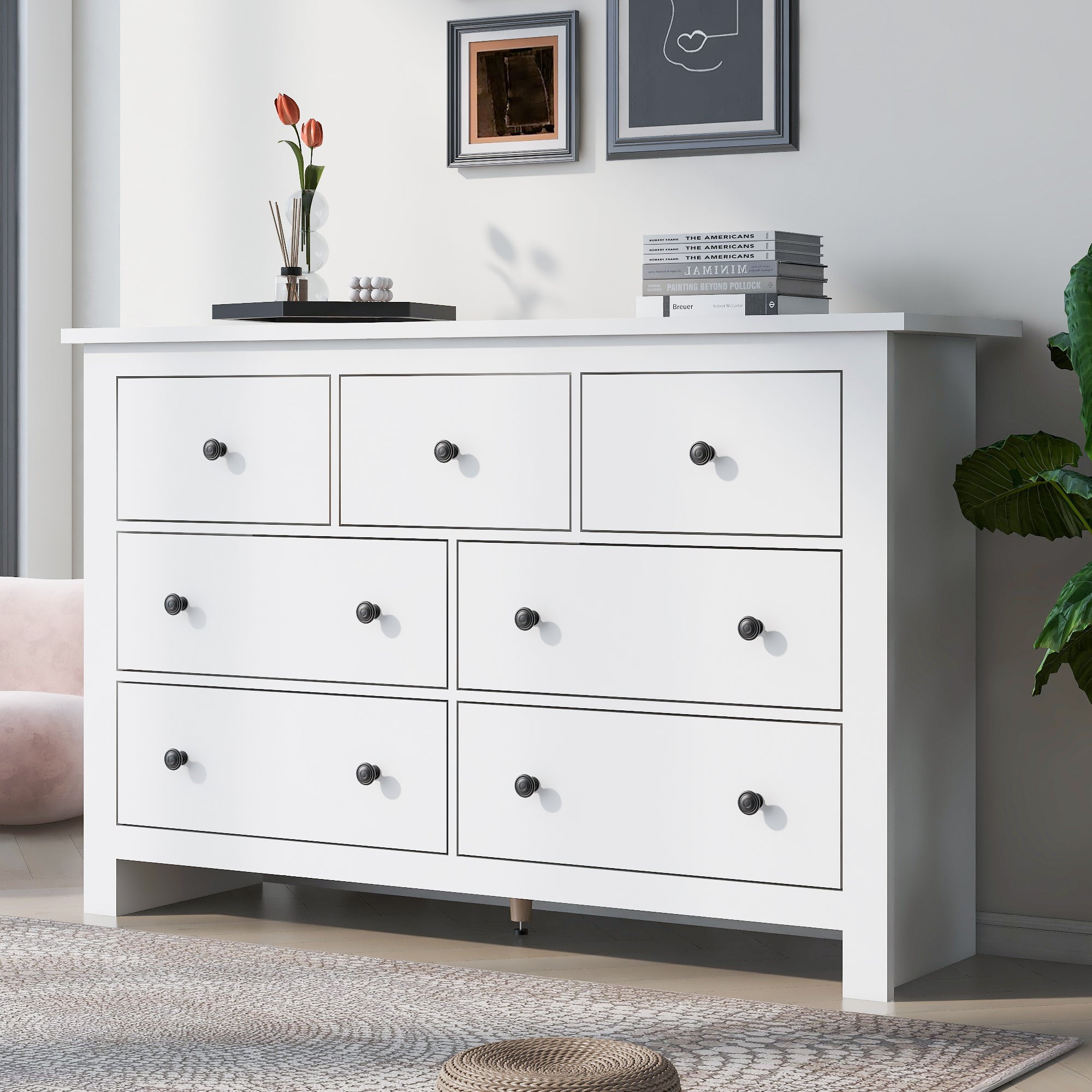 Dining Cabinet, Modern Minimalist 7-Drawer Buffet, White