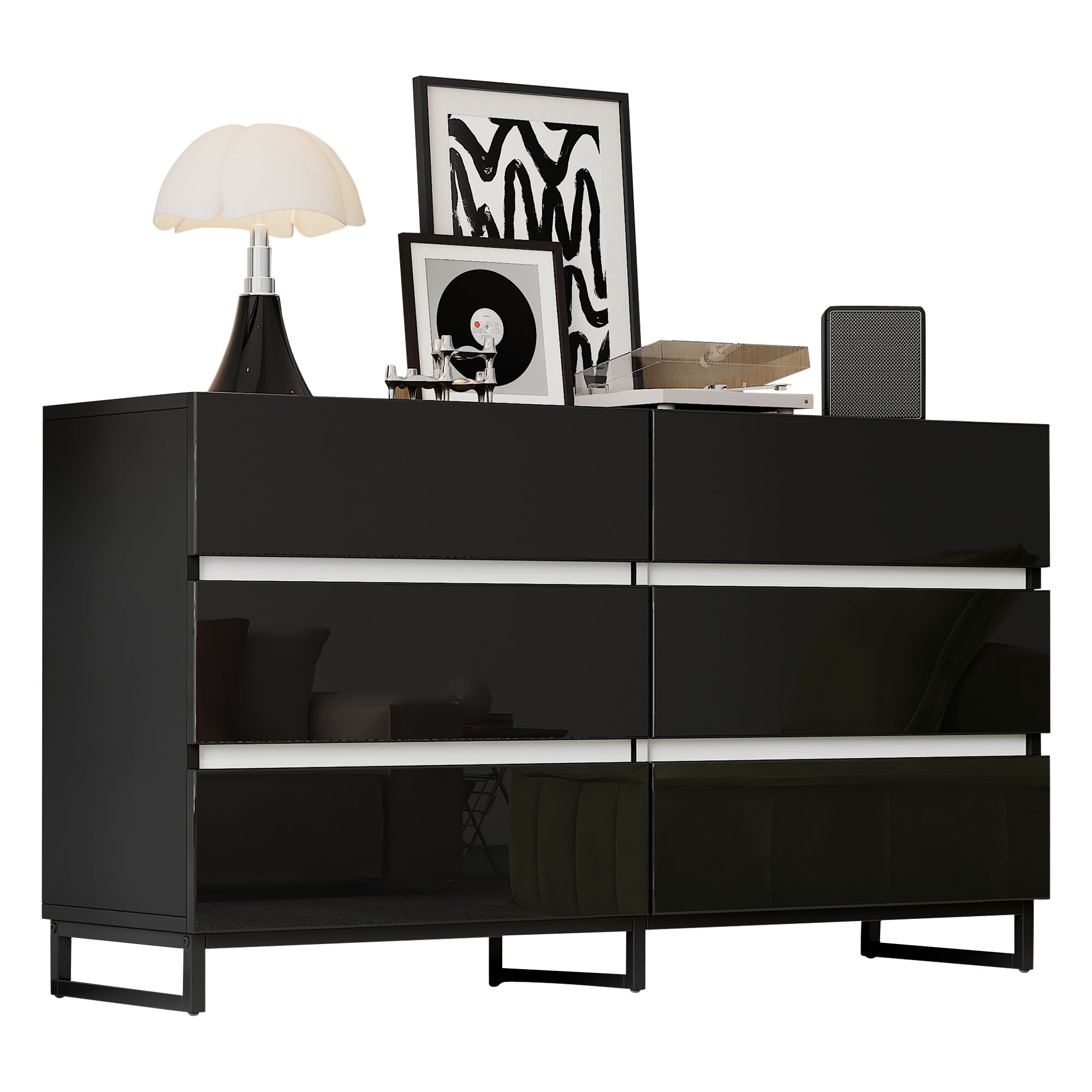 Living Room Sideboard, High-Gloss 6-Drawer Cabinet with Metal Legs, White+Black