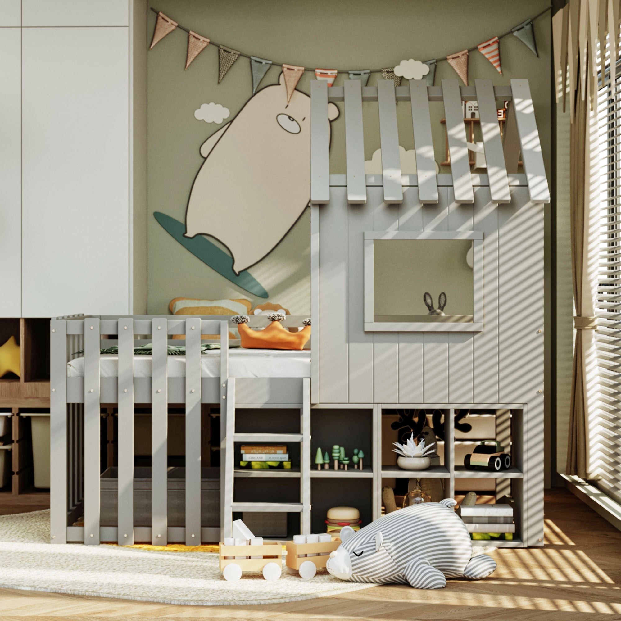 Children's House Bed 90x200, Roof & Window, Open Storage, Climbing Ladder, Solid Wood, Gray