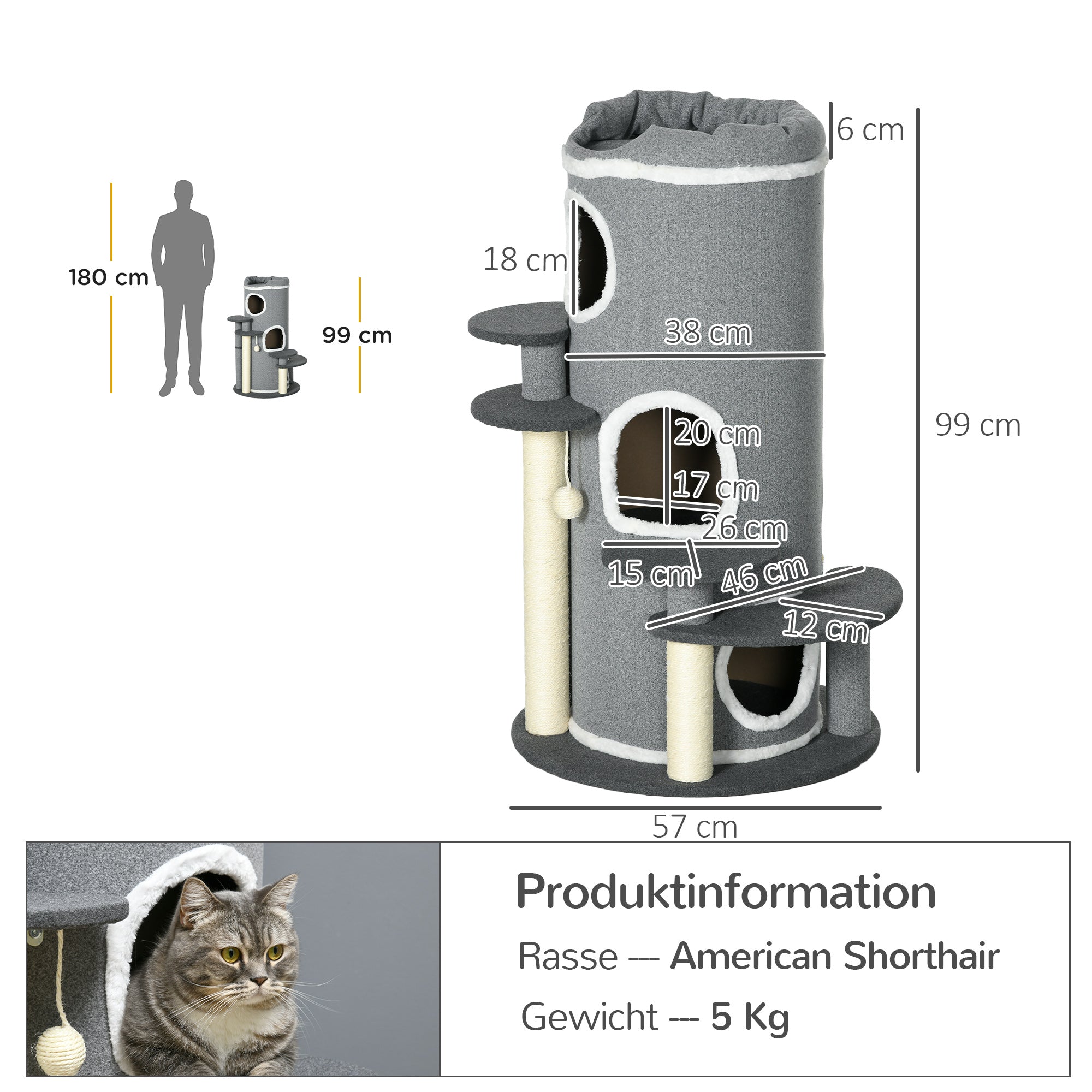 Cat Scratching Barrel 99cm with Bed & Play Ball, Grey