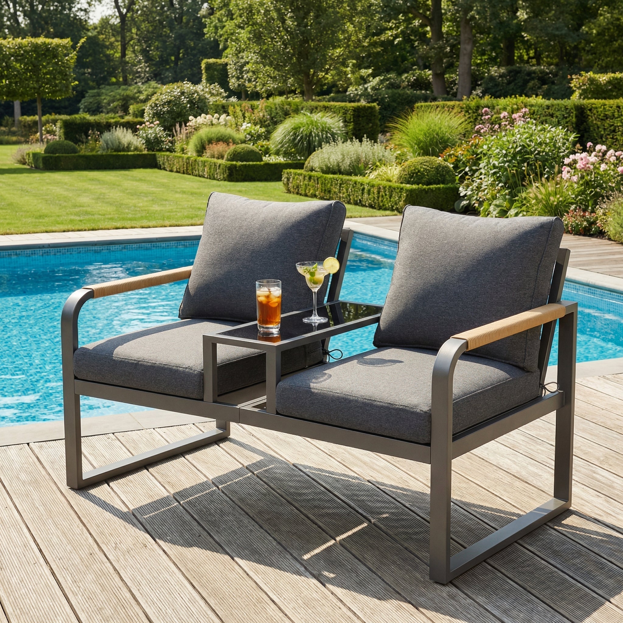 Garden Furniture Set, 2-Seater Outdoor Sofa with Glass Top and Woven Armrests, Grey Galvanized Iron