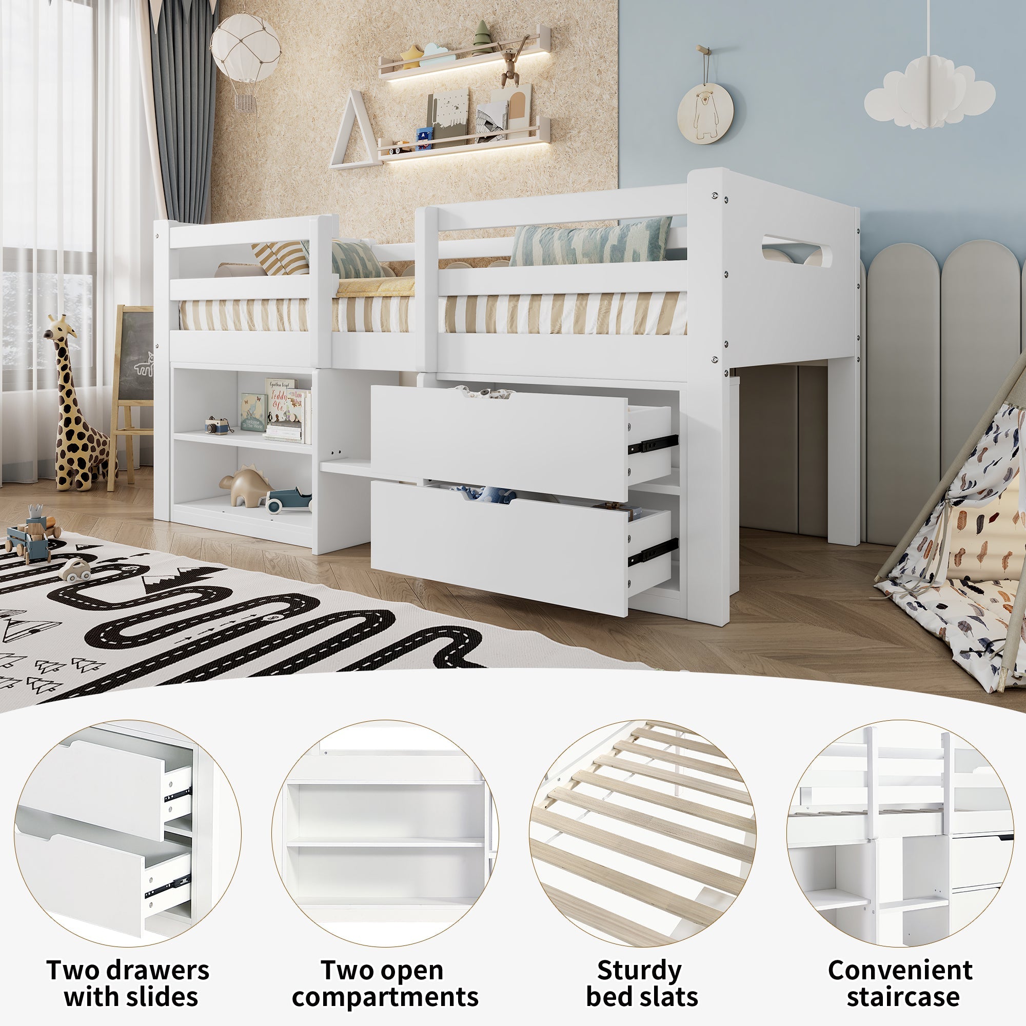 Wooden Storage Bed, 3ft Single with Drawers and Safety Guardrail, White