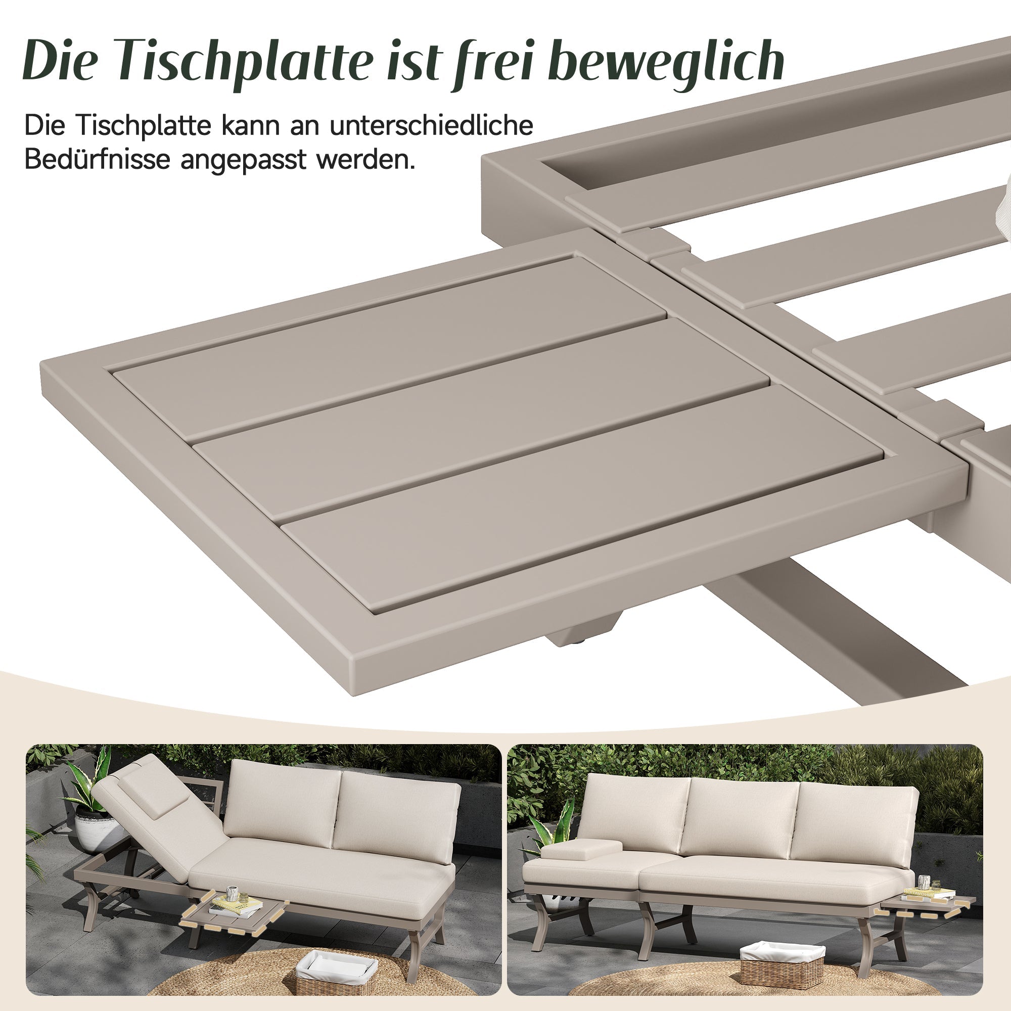 3-Seater Outdoor Sofa Garden Furniture Set with Adjustable Reclining Function and Table, Galvanized Steel, Beige