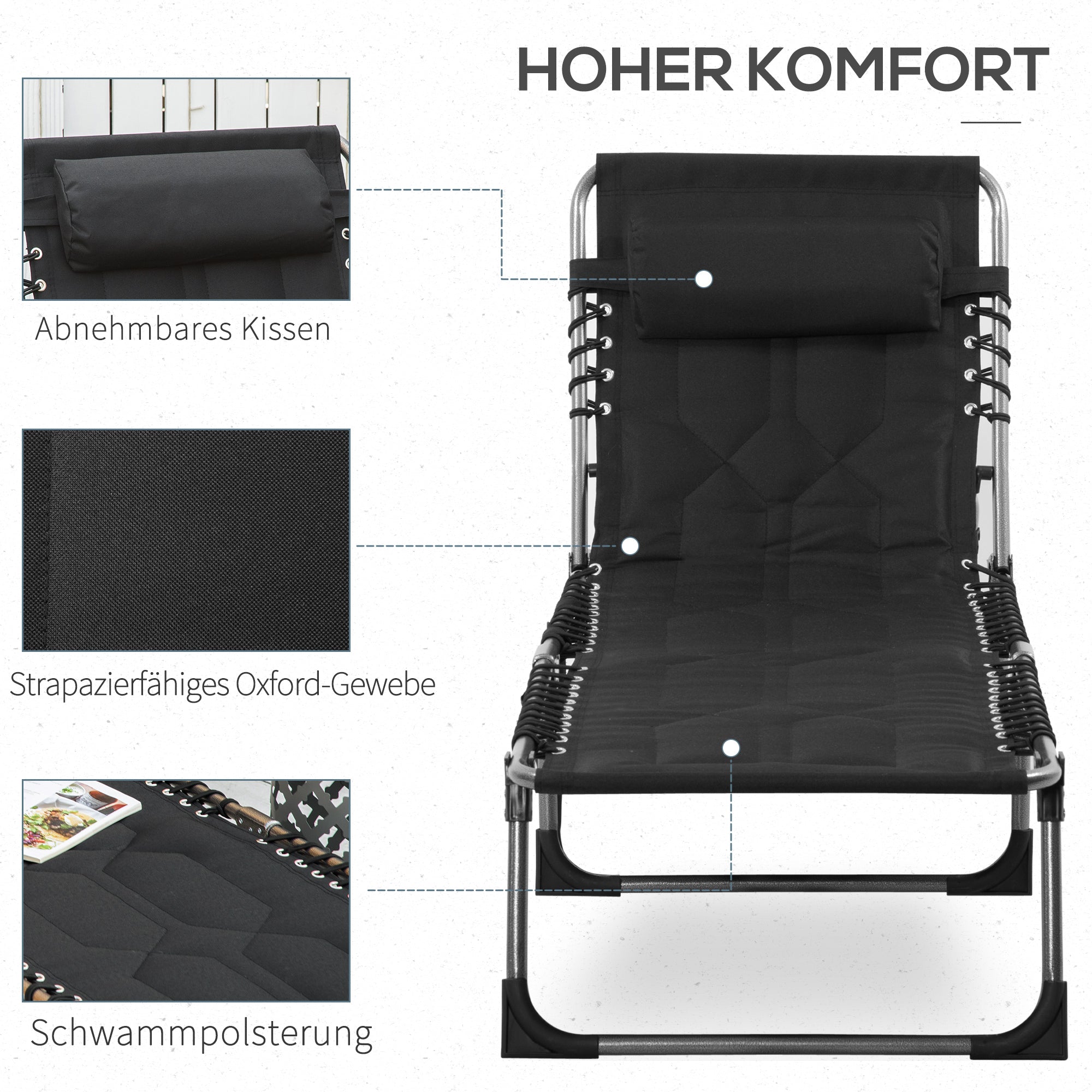 Foldable Sun Lounger with Cushion, 5-Position Adjustable Backrest, Steel Frame, Oxford Fabric Black