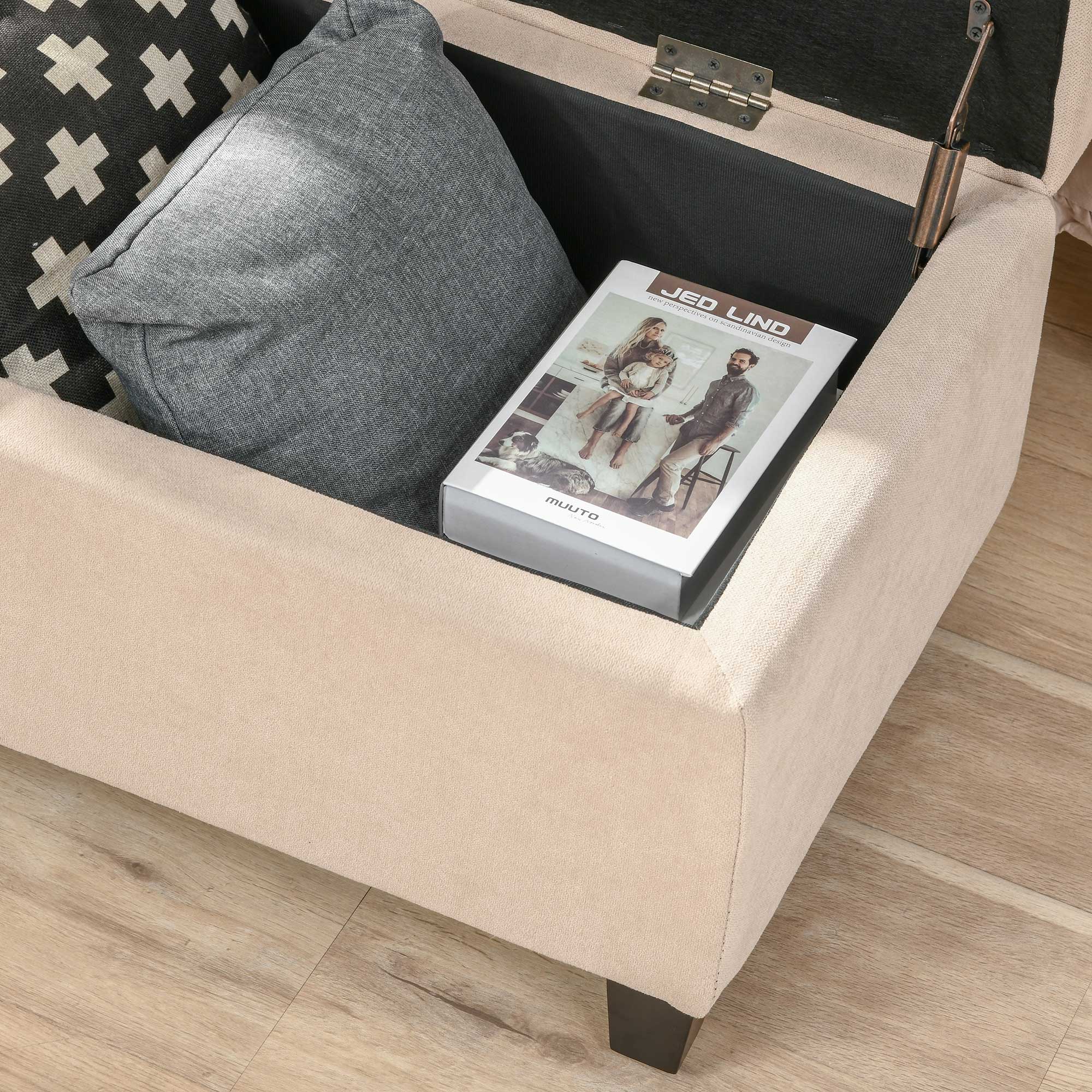 Bench, Upholstered Storage Bed Chest, Linen Beige