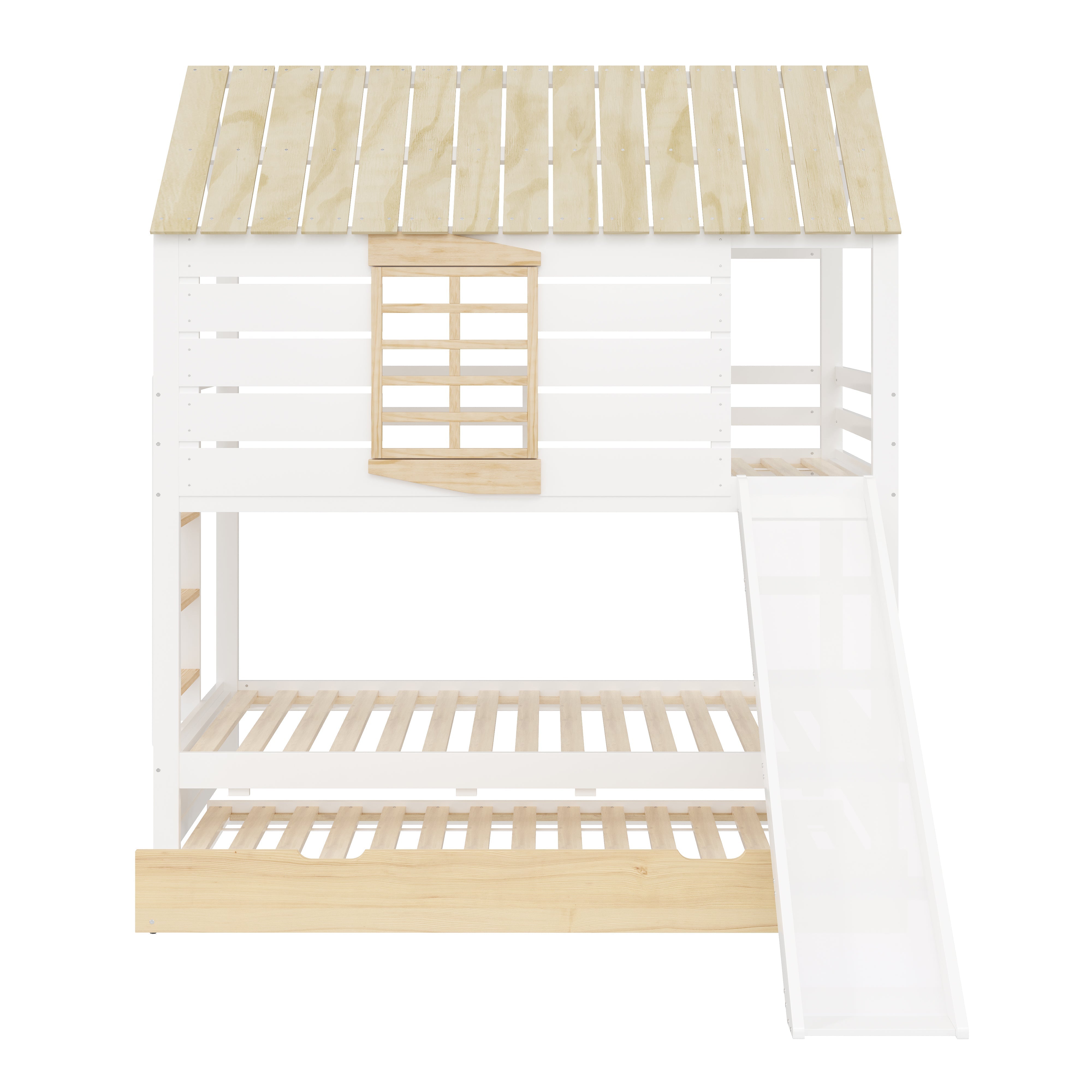 House-Shaped Bunk Bed with Slide and Pull-Out Bed, 90x200, White and Natural Pine