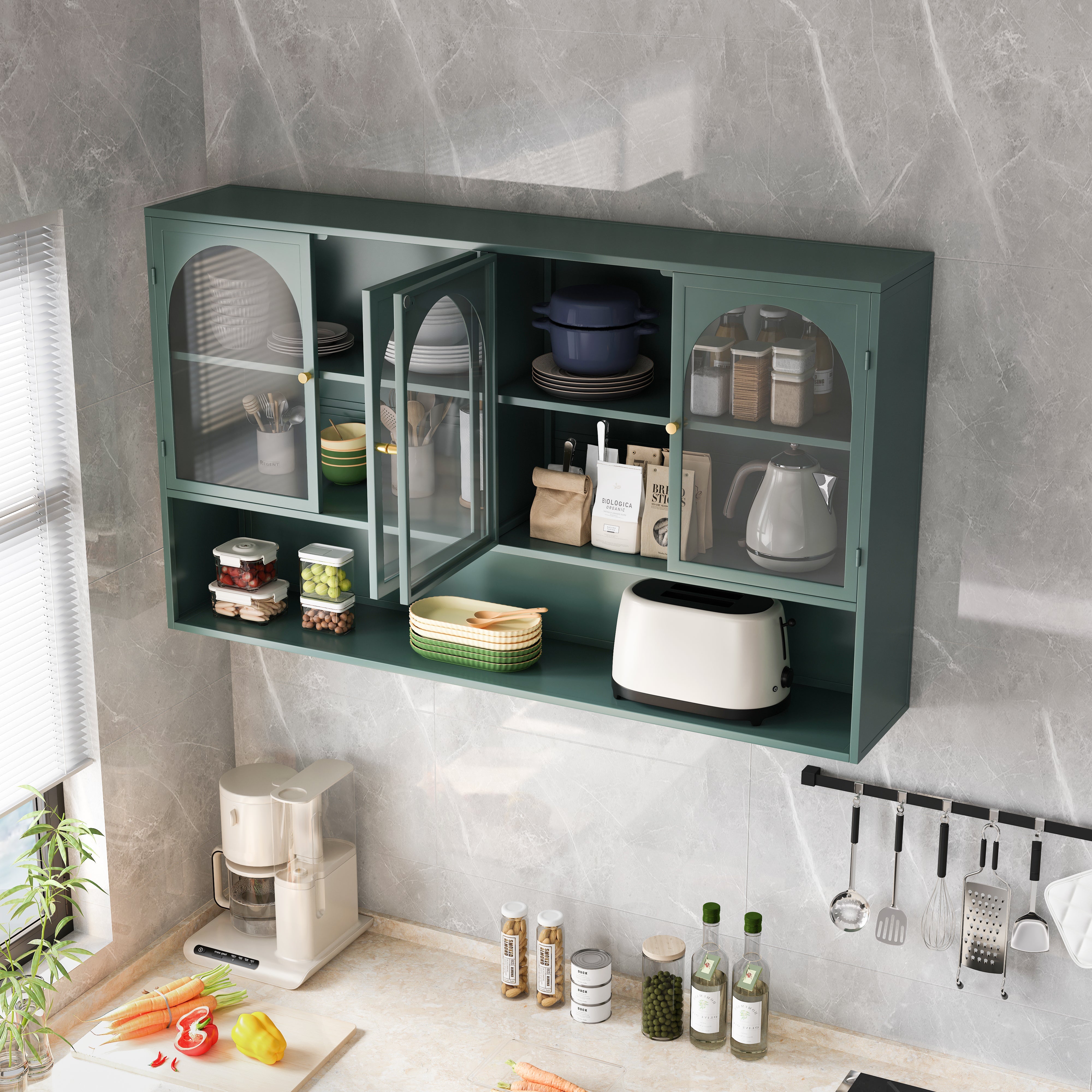 Four-door Glass Wall Cabinet, 120CM Wall-mounted, Dark Green