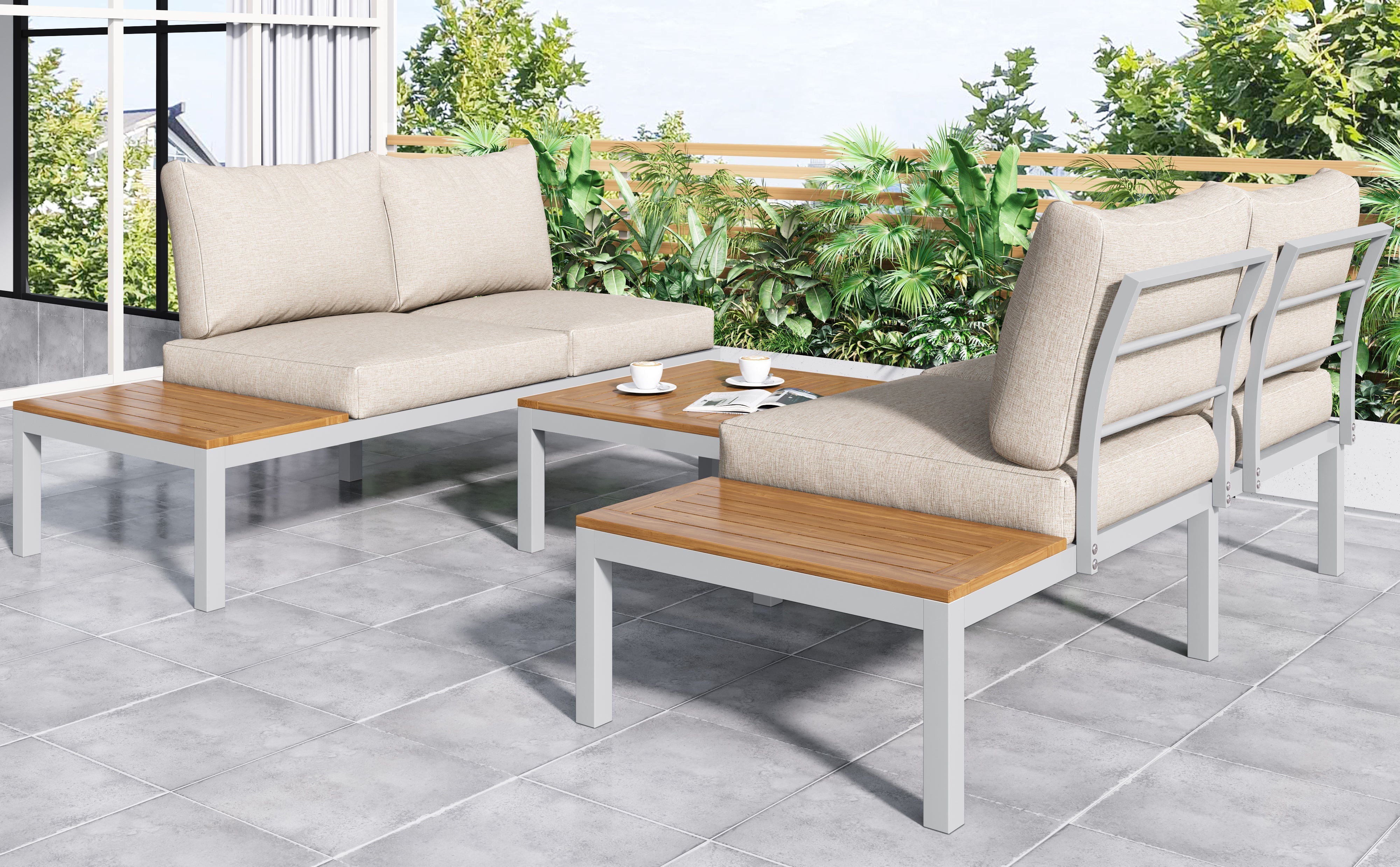 Outdoor Patio Garden Lounge Set for 4, Space Saving L-Shaped Corner Sofa with Wooden Table, Beige