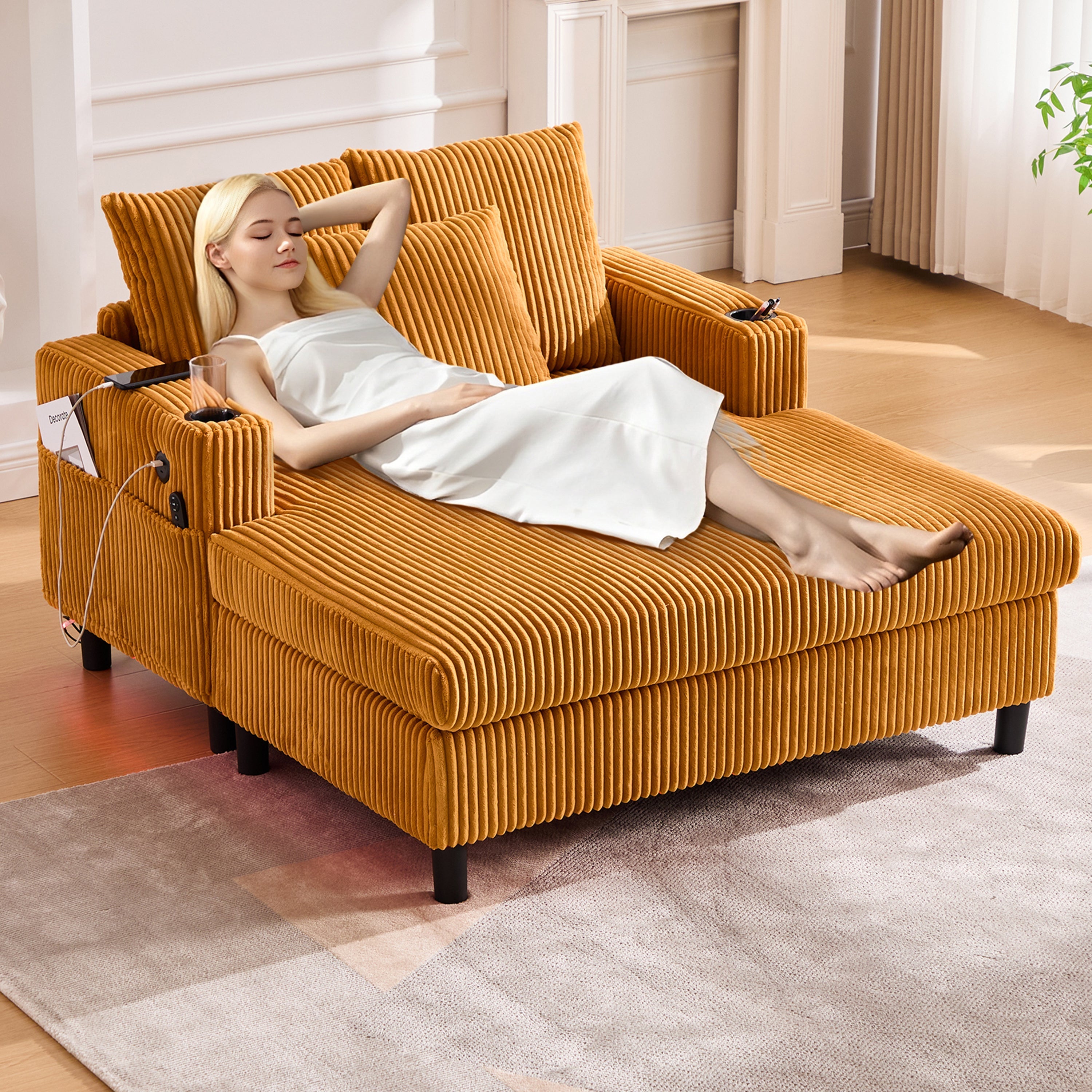 Chaise Longue Recliner, Soft, with Cupholders, USB, LED Lighting