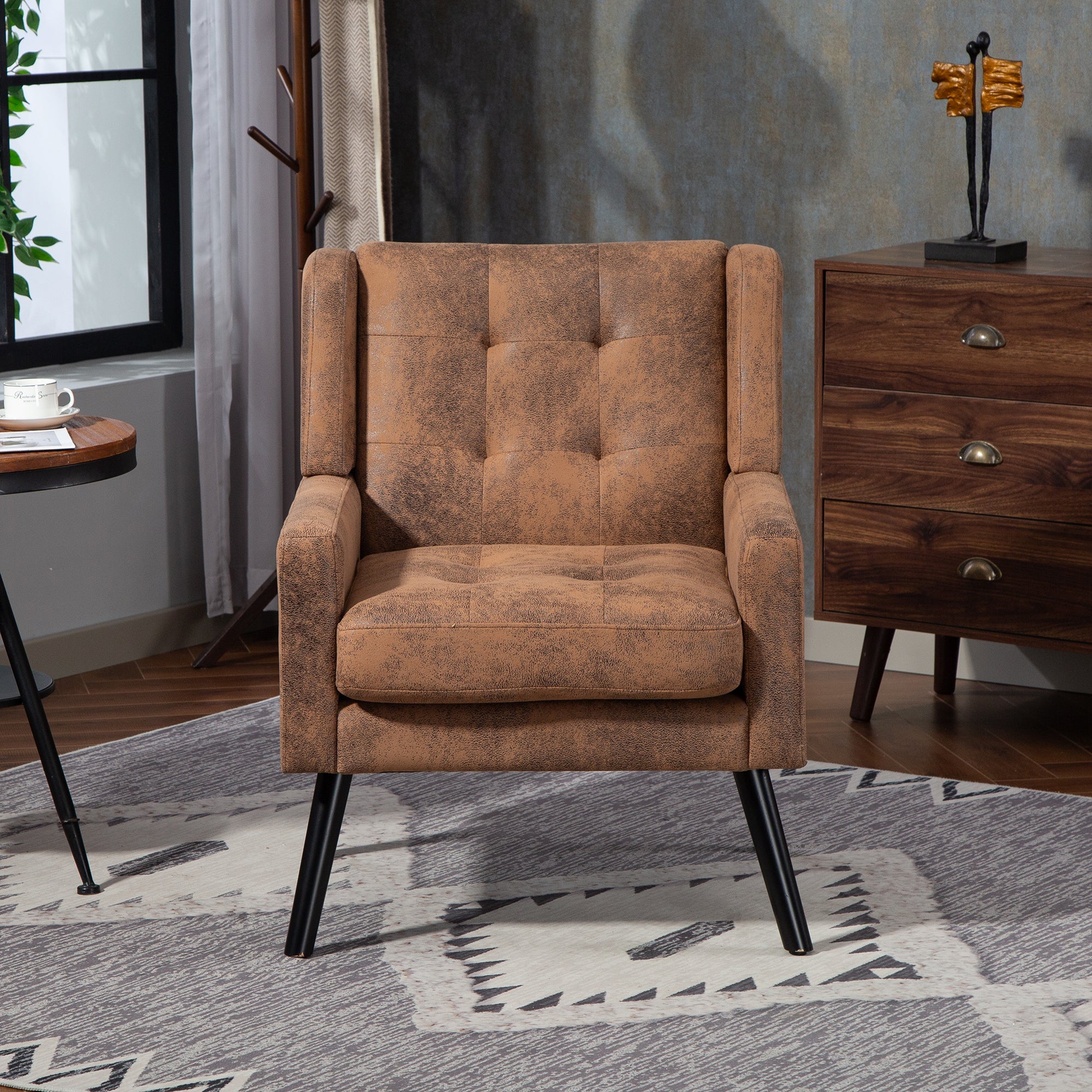 Armchair Mid-Century Modern Buttoned Suede Cushion Solid Wood Legs Suede
