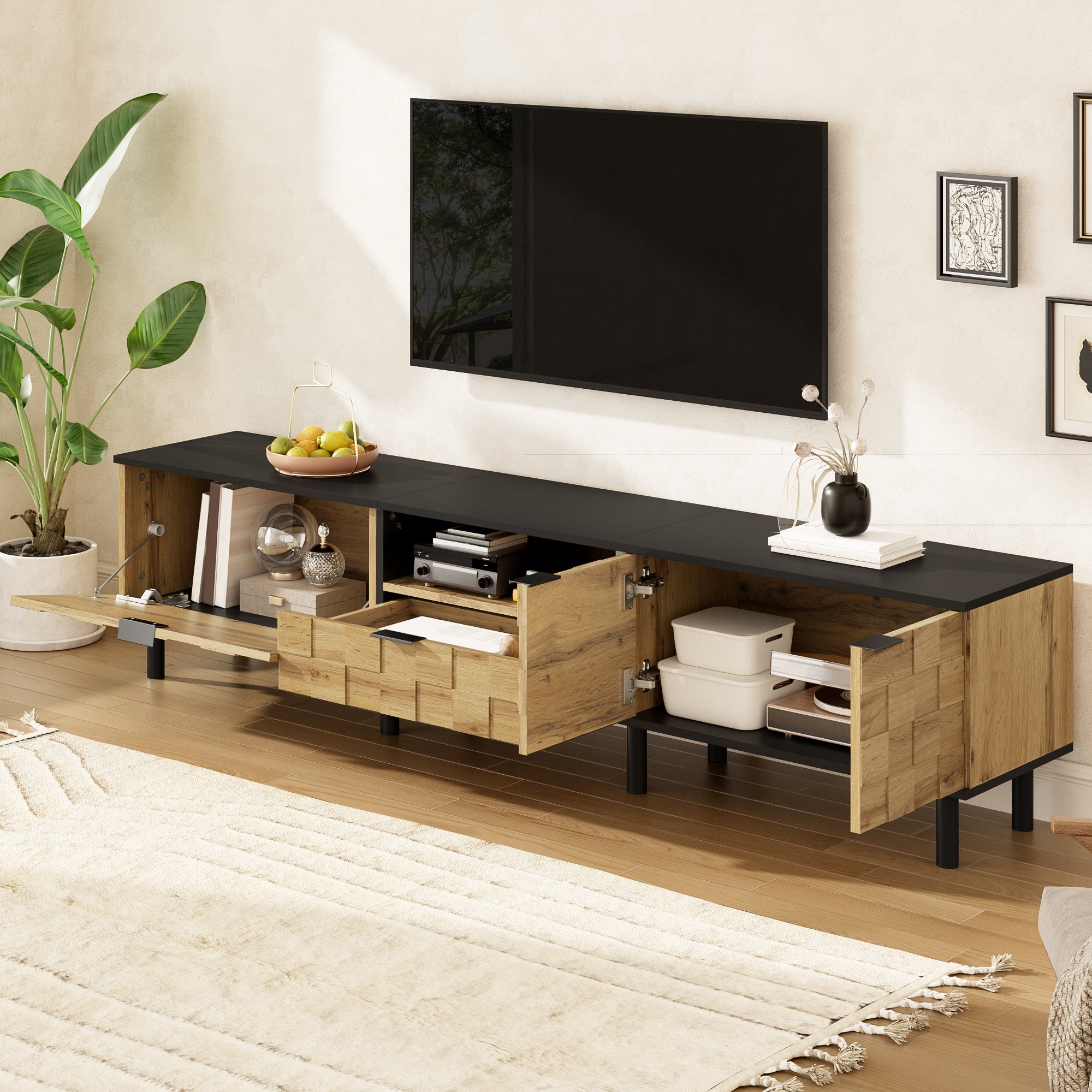 Mosaic TV Cabinet with 2-Door Drawer and Open Compartment, Wood Look Chipboard