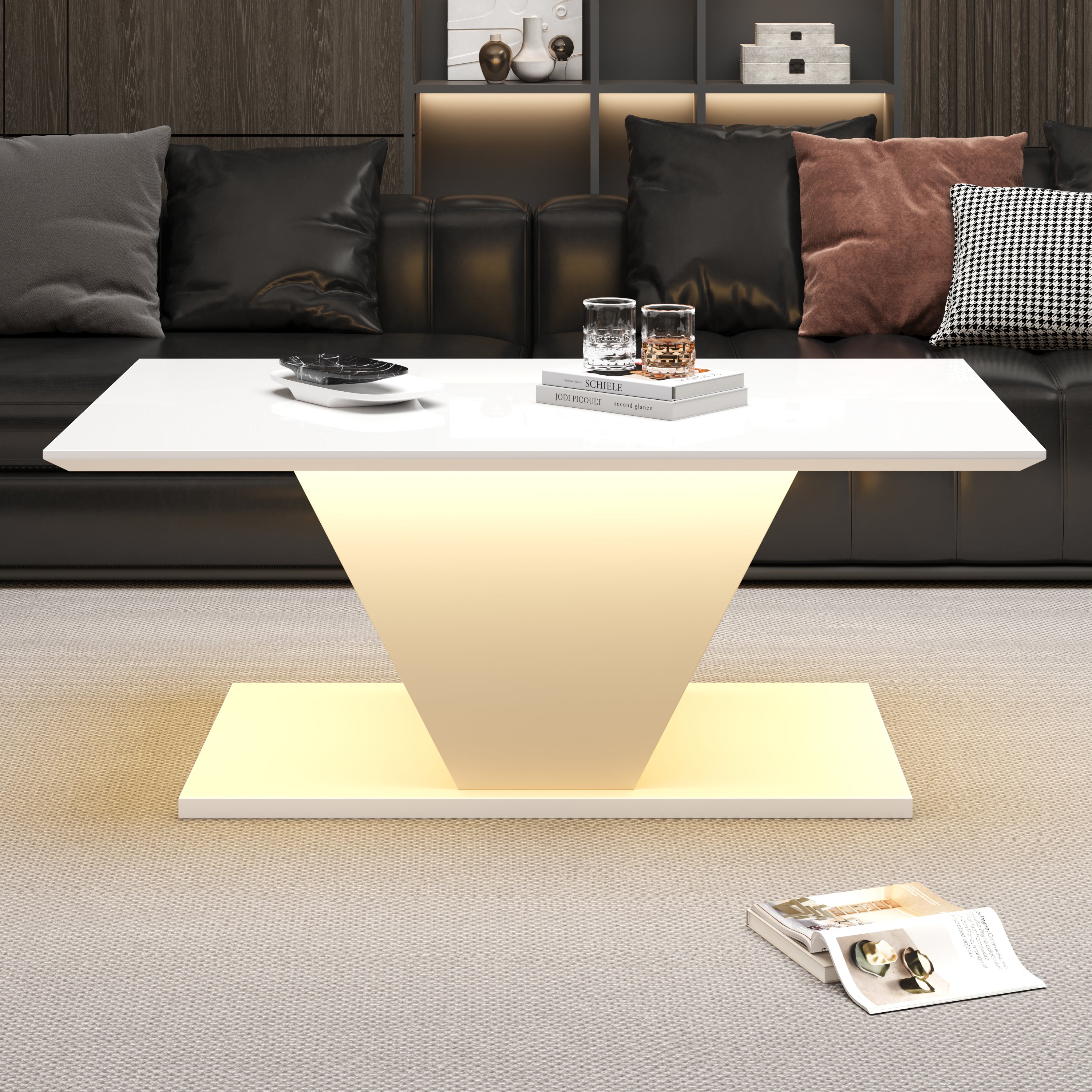 Coffee Table 100x50x46cm Special Shape LED High-Gloss White V-Shape