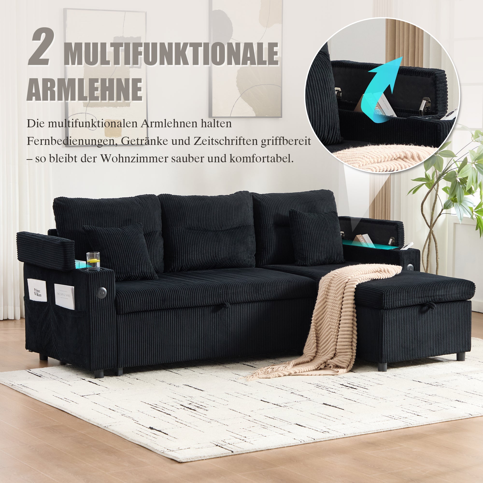 3-Seater Corduroy Sofa Sleeper Hydraulic Chaise Storage Cup Holders USB-C Corduroy
