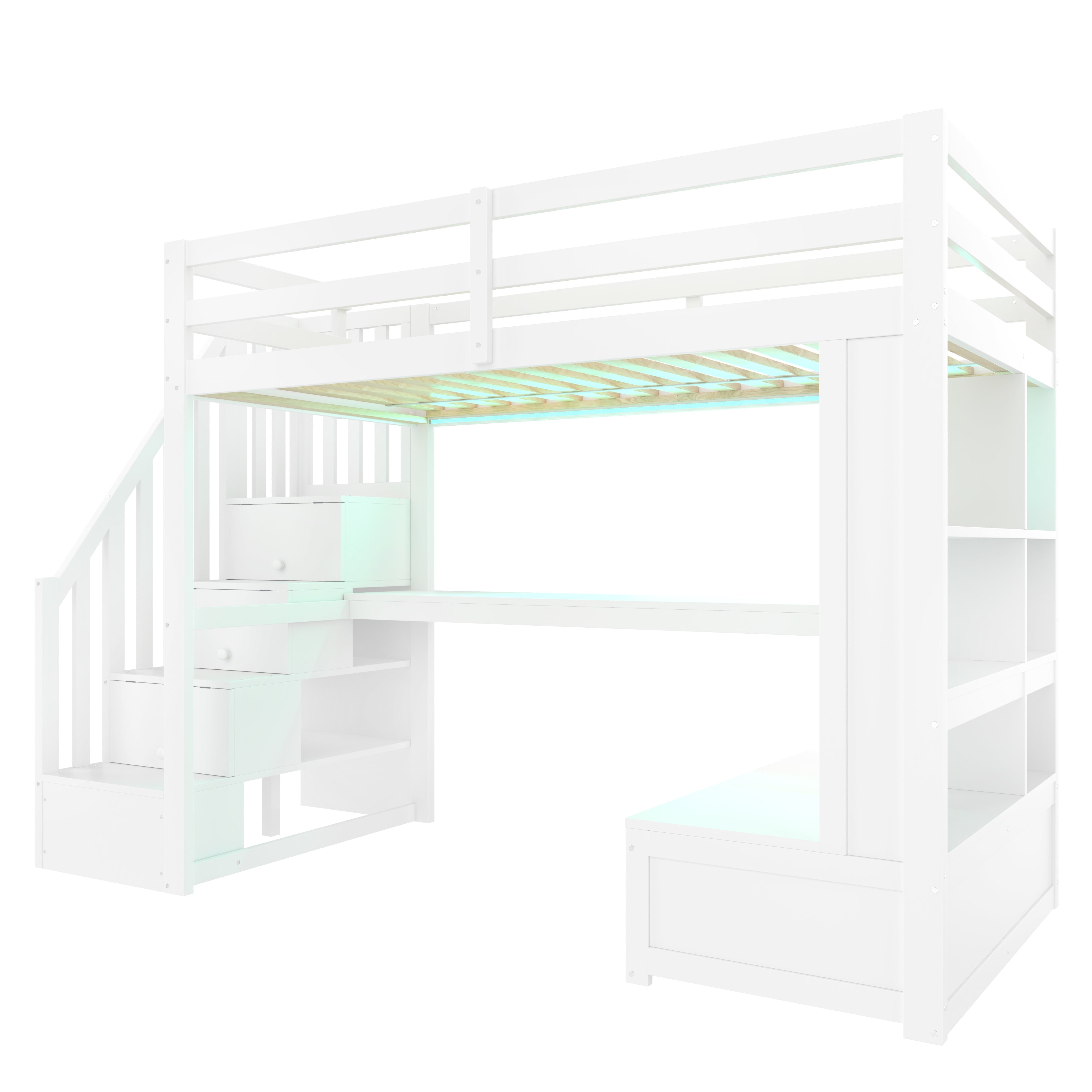 Loft Bed 90x200cm Desk Shelves Drawers Storage Stairs White