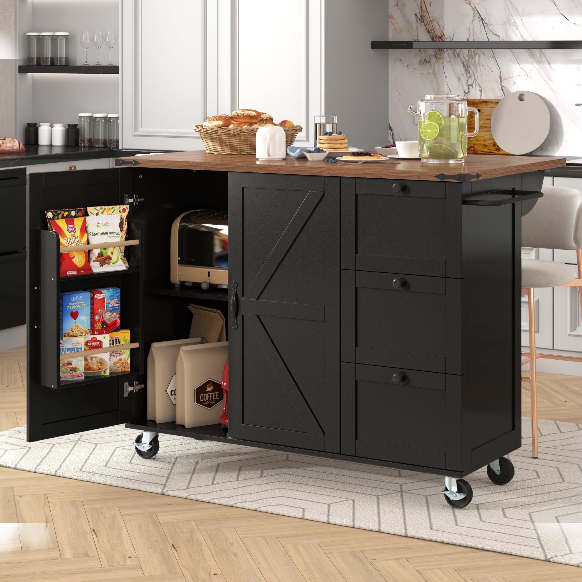 Kitchen Island Trolley with Pull-out Worktop, 2 Doors, 3 Drawers, Wood Grain Black