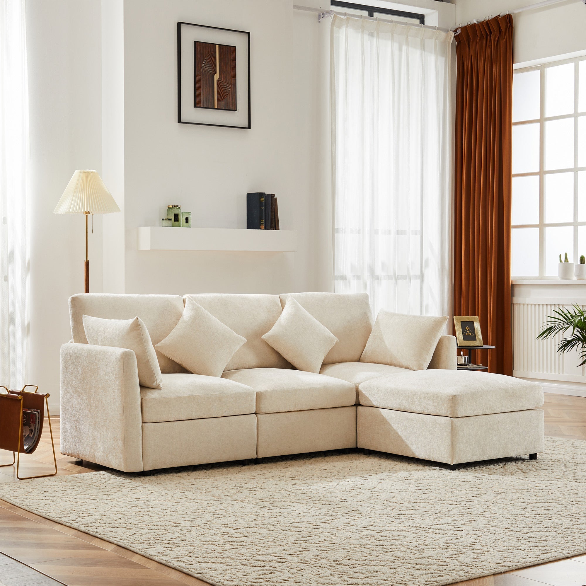 L-Shaped Corner Sofa Modern 3-Seater 4-Seater Footstool - Chenille Fabric