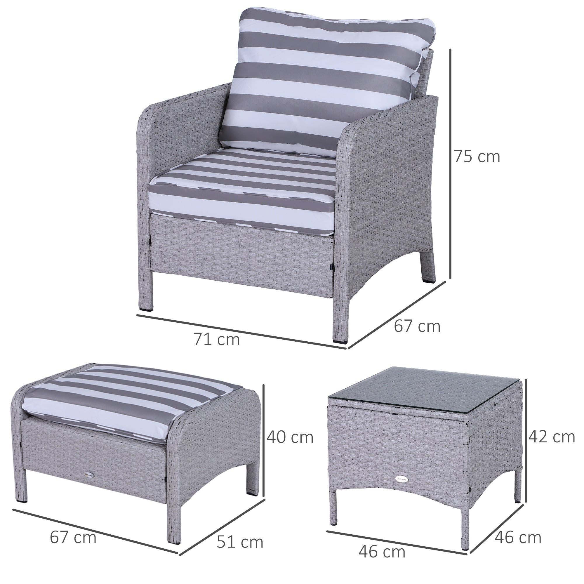 5 Pieces PE Rattan Garden Furniture Set with 10cm Padded Cushions, Glass Top Table, Grey and White Rattan