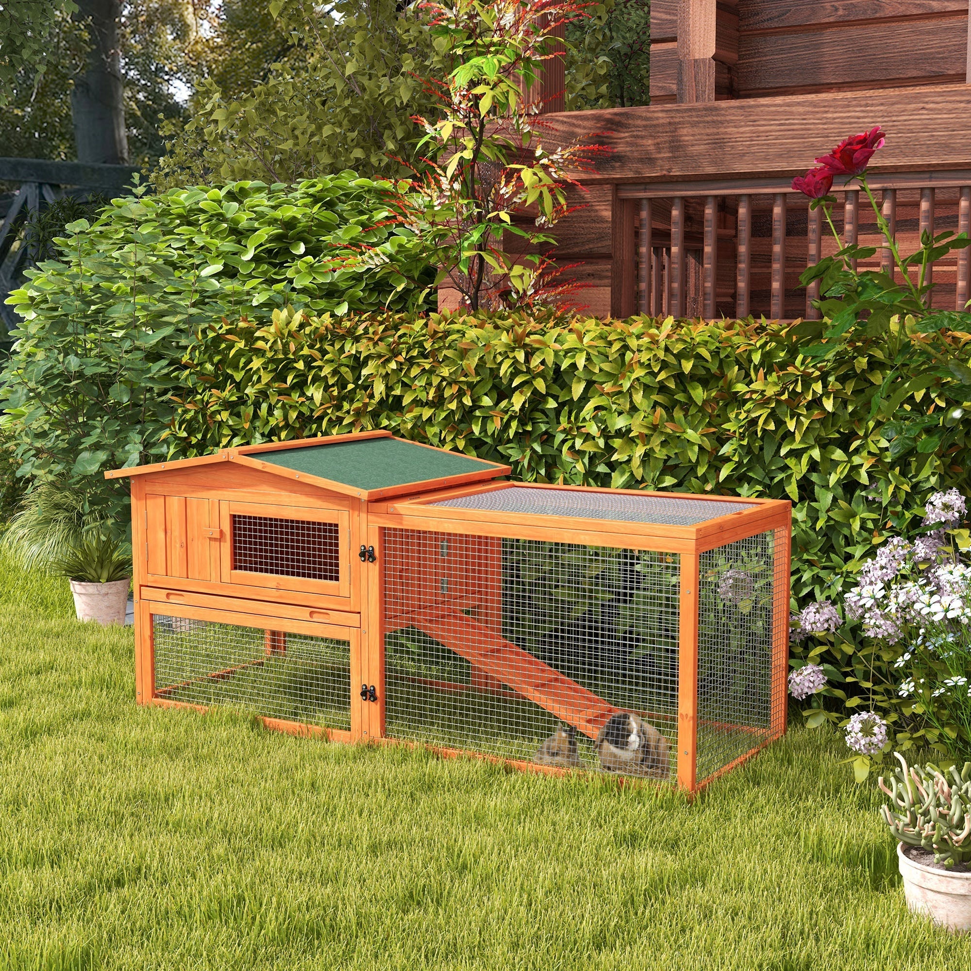 Small Animal Hutch, Indoor Outdoor with Tray & Ramp, Fir Wood, Orange