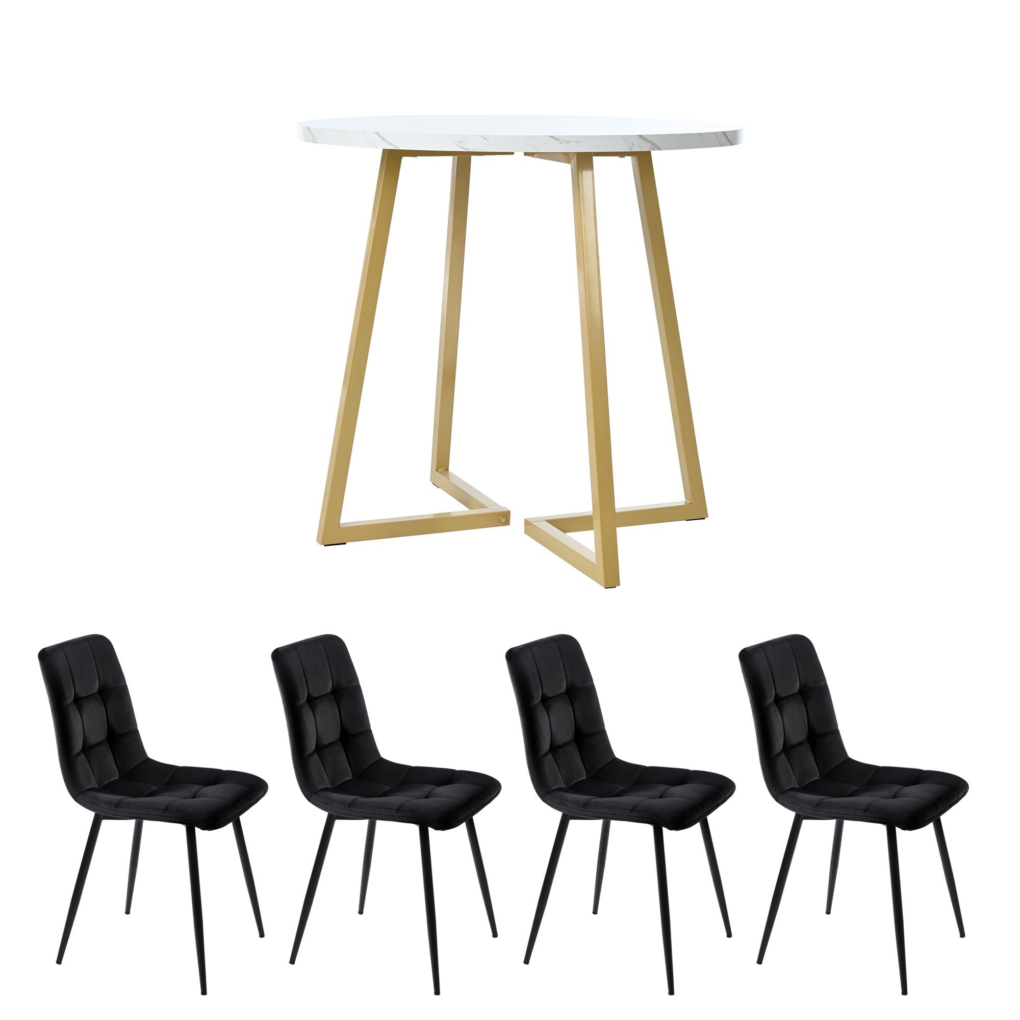 Dining Table Set (5-piece) Round 80cm Kitchen Table White MDF, Gold Metal/Black Velvet