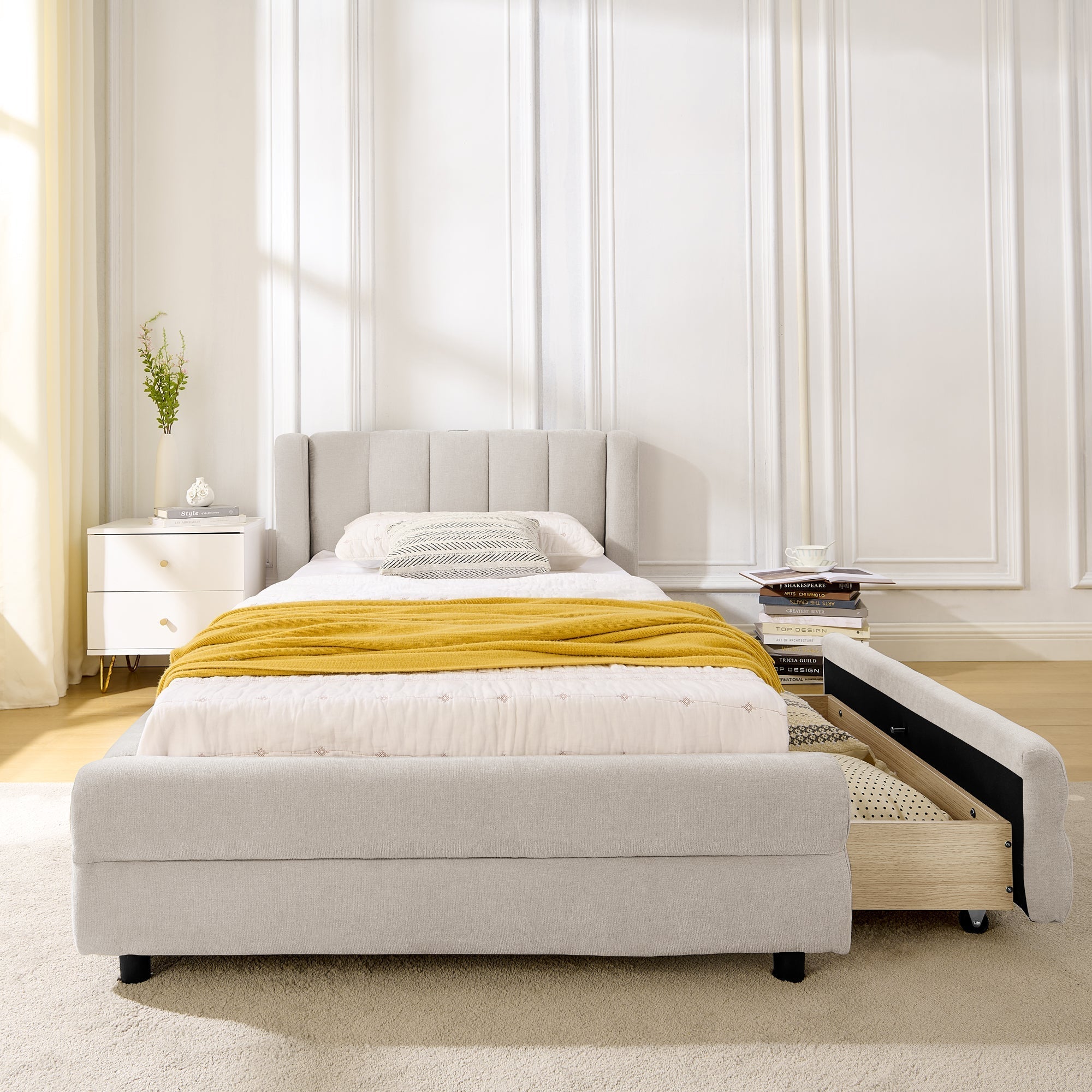 Single Bed 90x200 cm with Side Storage and USB Charging Port, Beige Chenille Fabric