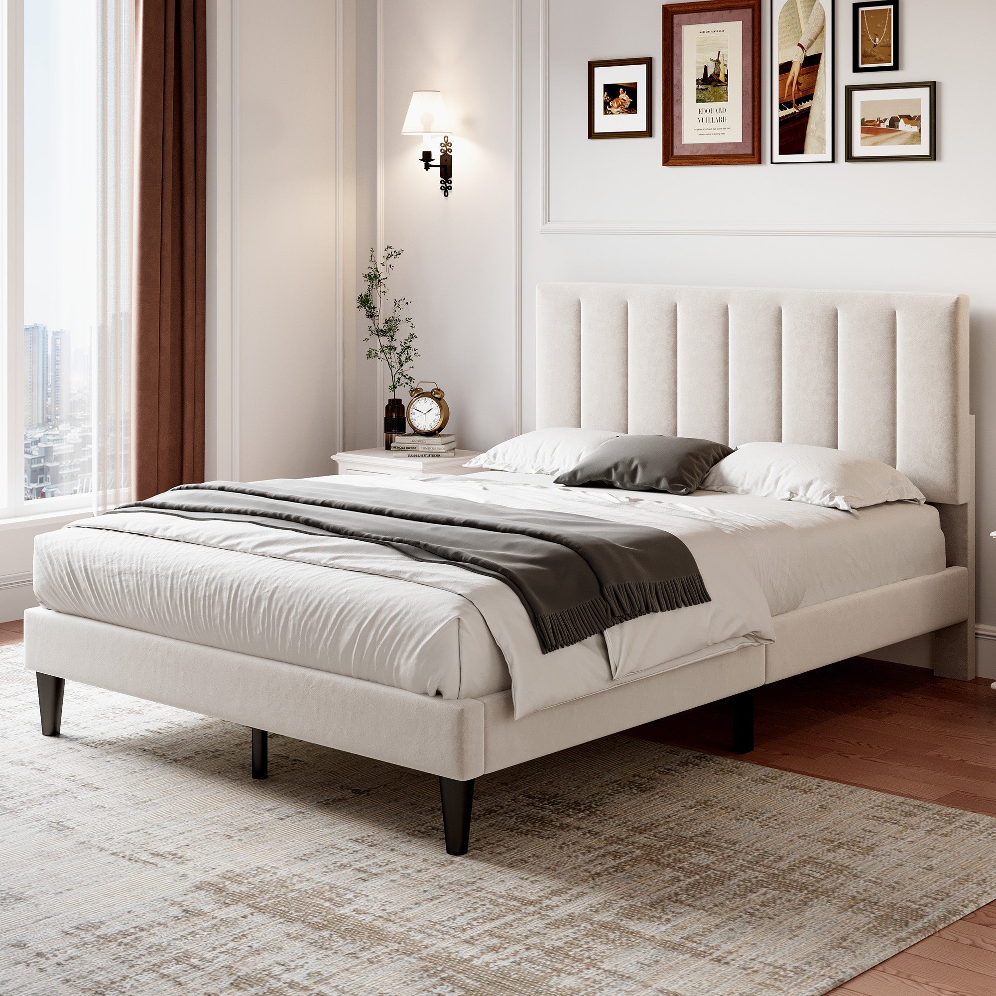 4ft6 Double Upholstered Velvet Bed Frame, Adjustable Channel Tufted Headboard, Solid Wood Slat, Mute Foam, Beige