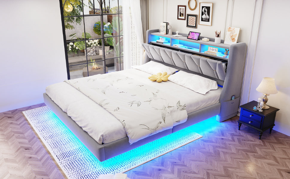 Upholstered Bed 180x200cm Hydraulic Storage Headboard with LED Socket Floating Design Light Grey Velvet